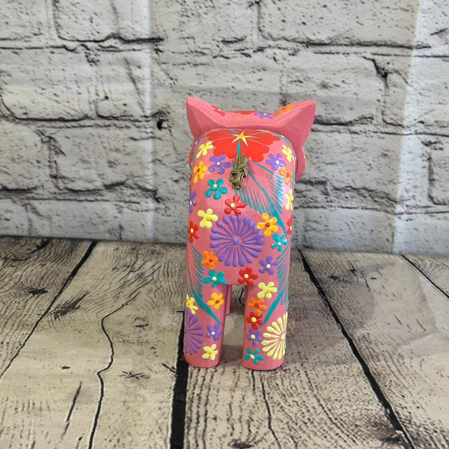 Pink Large Wooden Cat With Flower Pattern 15cm x 10cm Handmade and Fairtrade