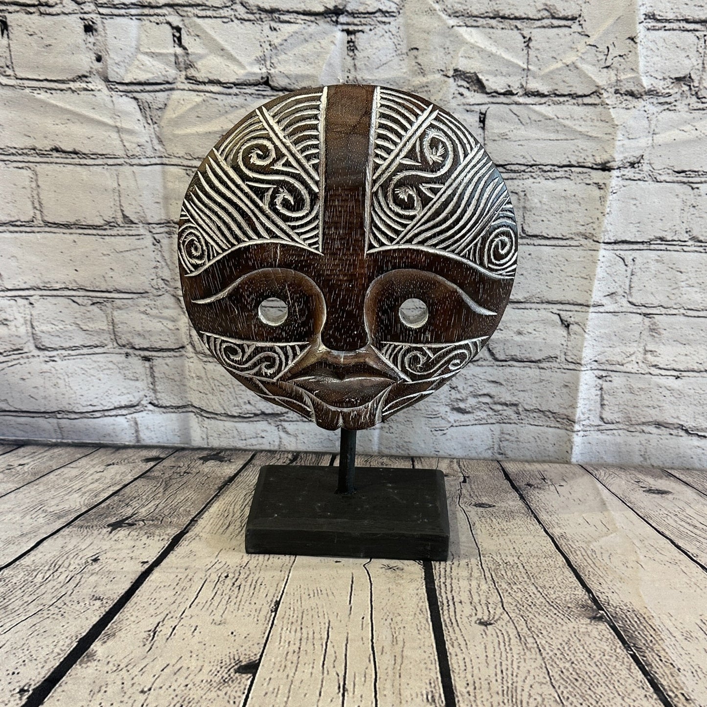 35cm x 25cm Wooden Tribal Primitive Black Mask Stand Sculpture Statue Art