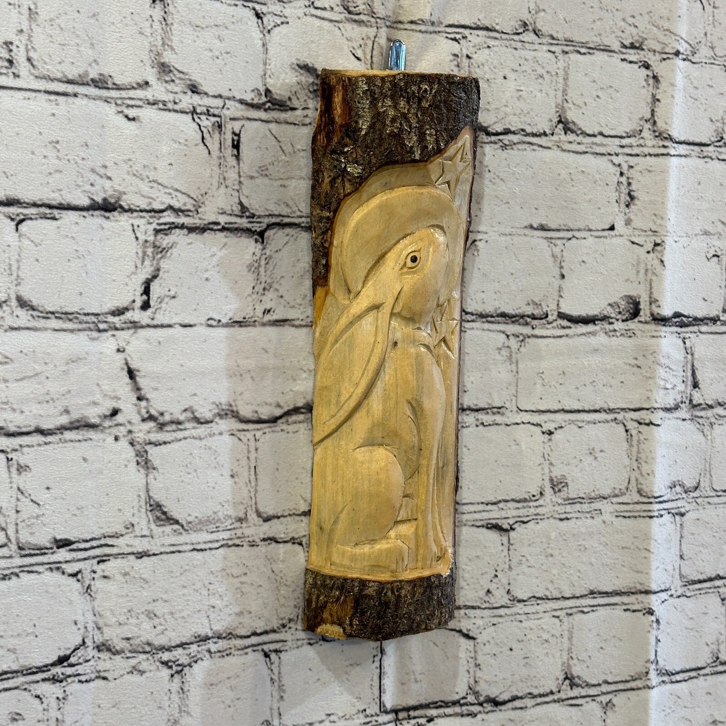 Hare With Moon Of The Woods 30cm Hand Carved Wizard Tree Trunk Wood Fairtrade