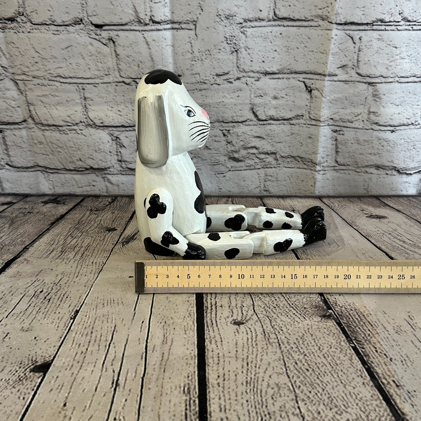 20cm Black White Dog Sitting Animal, Wooden Shelf Ornament Handmade & Fairtrade