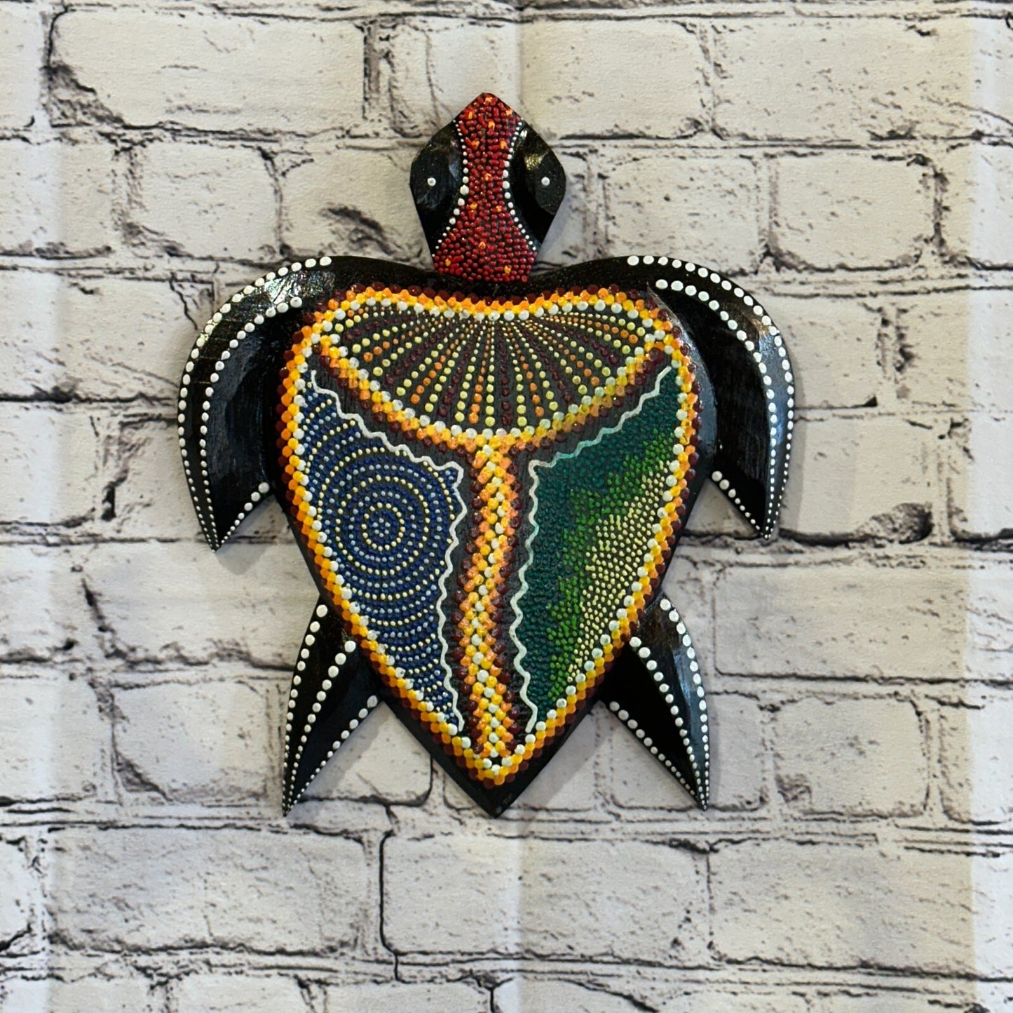 30cm Turtle Carved Wooden Dot Painted Ethnic Tribal Tiki Wall Art Handmade No 2