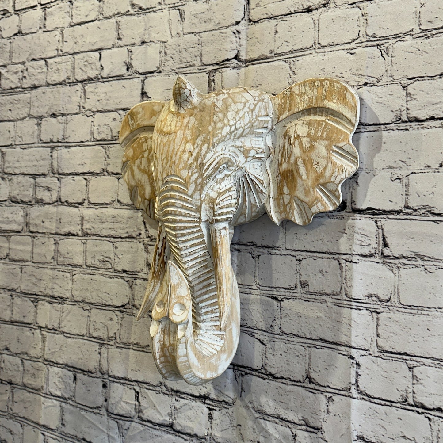 40cm x 35cm Cream White Carved Wood Elephant Head Wall Mounted Art Large Shabby