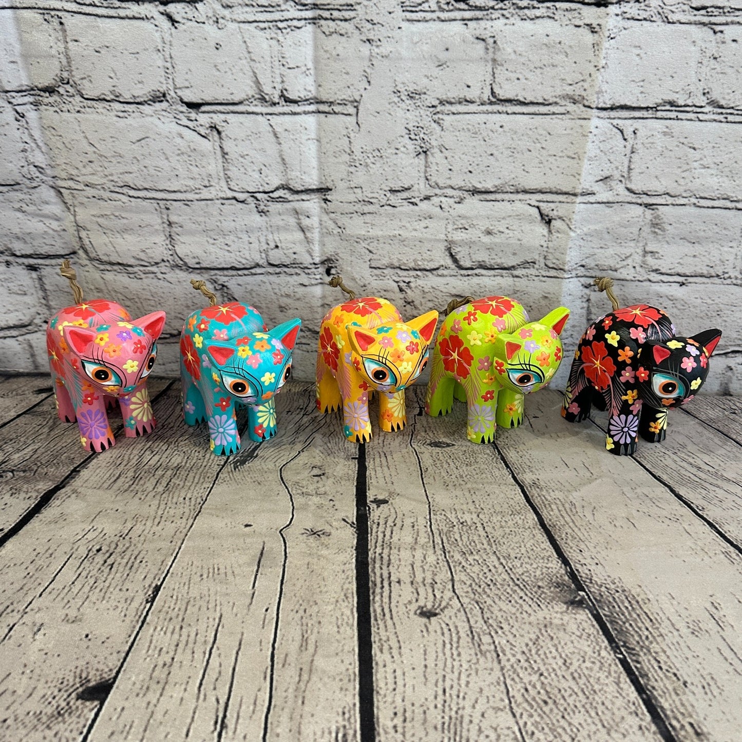 Green Small Wooden Cat With Flower Pattern 10cm x 8cm Handmade and Fairtrade