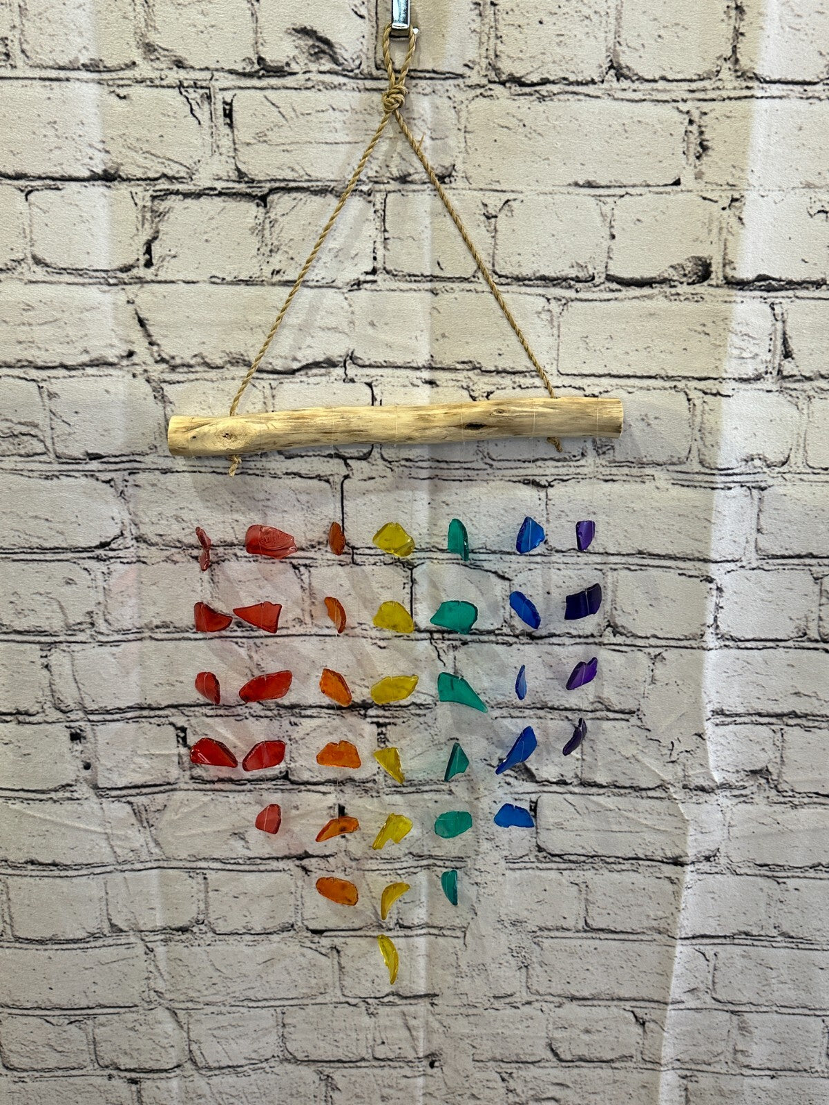 45cm x 25cm Rainbow Wind Recycled Glass Driftwood Handmade Garden Home Mobile
