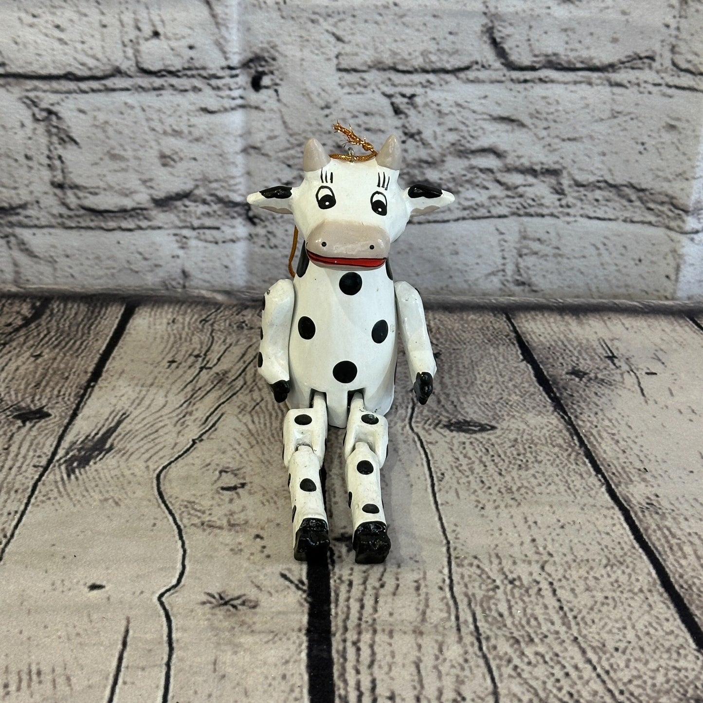 10cm Spotty Cow Sitting Animal, Wooden Shelf Ornament Handmade and Fairtrade