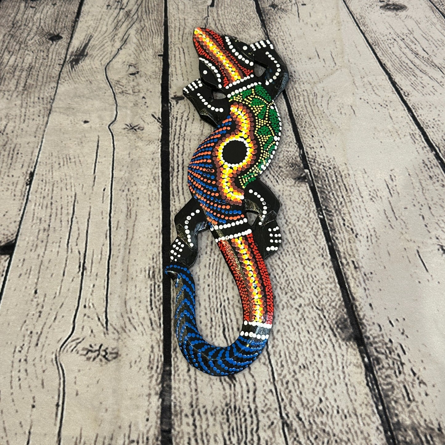 30cm Gecko Carved Wooden Dot Painted Ethnic Tribal Tiki Wall Handmade No 1