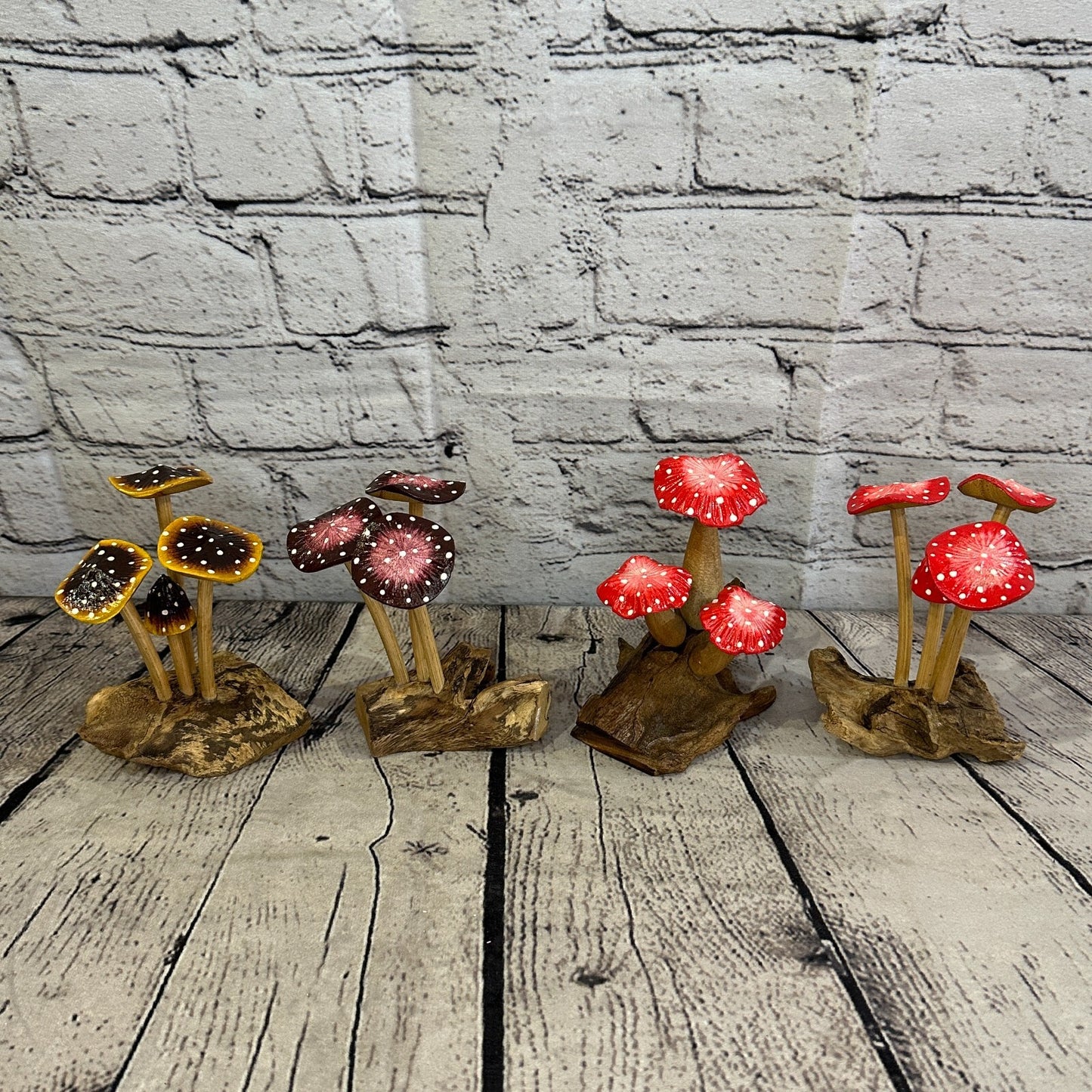 Brown Yellow Painted Mushroom Parasite Ornament Natural Carving Fairtrade Wooden