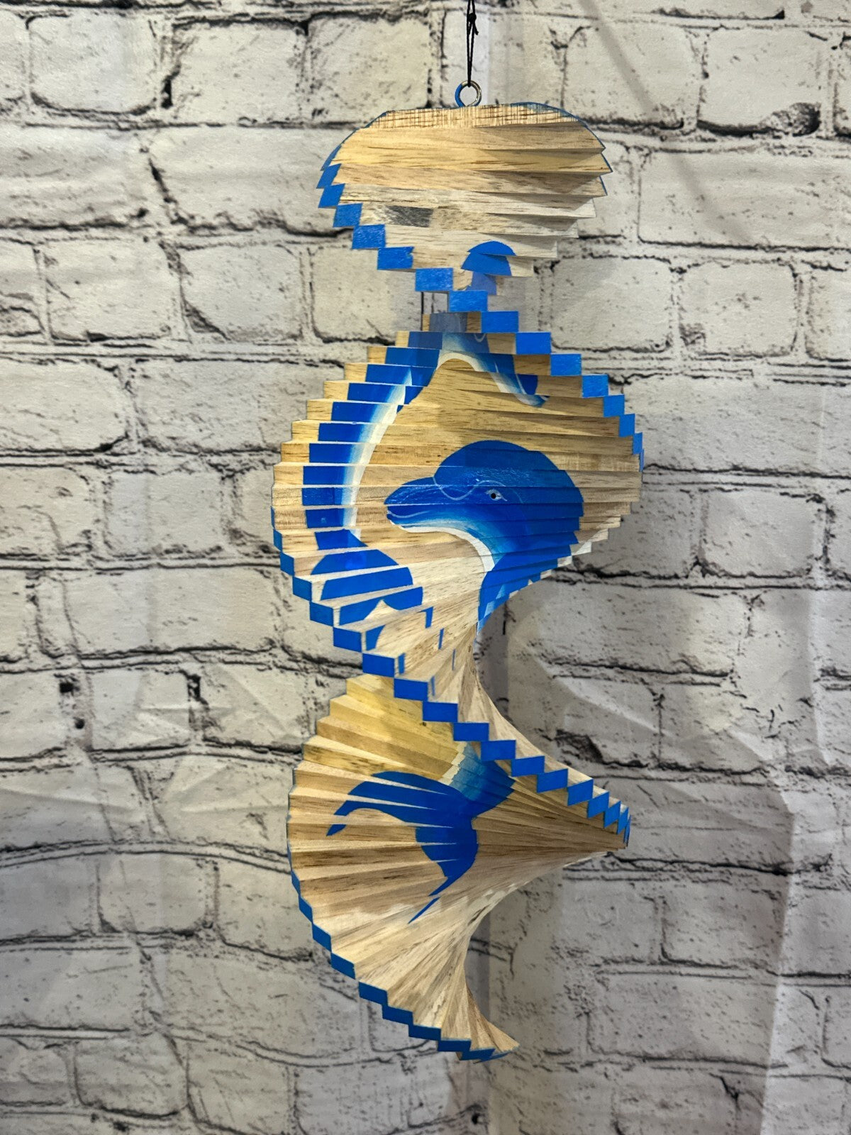 40cm Blue Dolphin Wind Spinner Wooden Spiral Mobile Garden Ornament