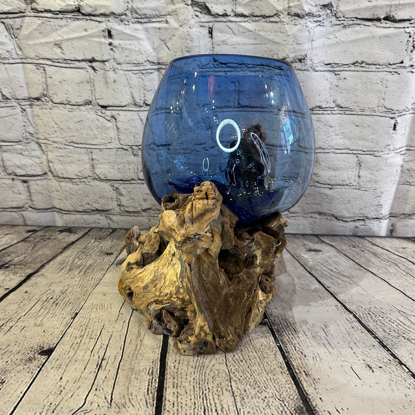 30cm Blue Molten Glass Round Bowl Natural Root Wood Base Stand Decor Ornament