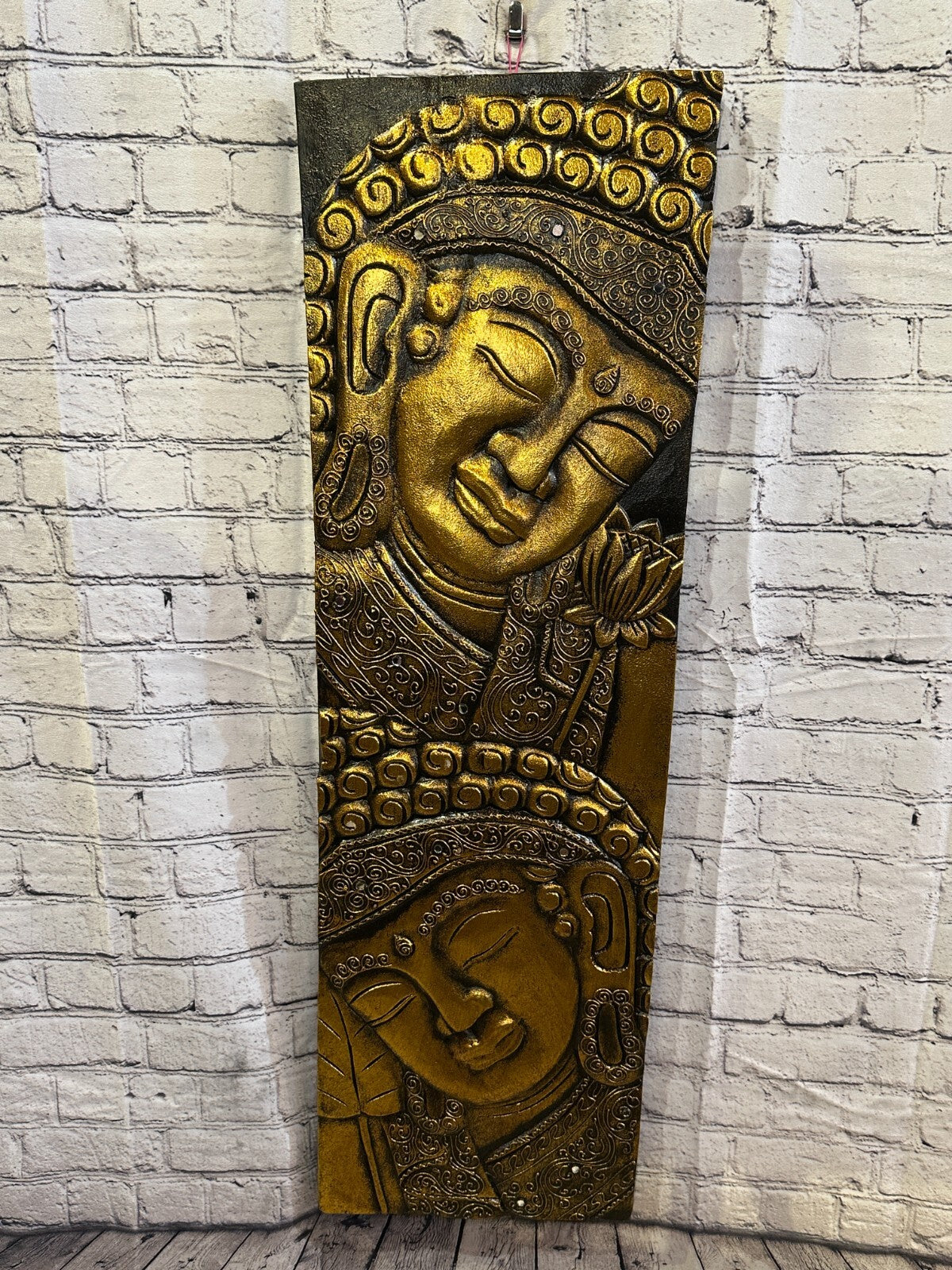 100cm x 30cm Tall Buddha 2 Faces Gold Wooden Wood Panel Wall Art Plaque
