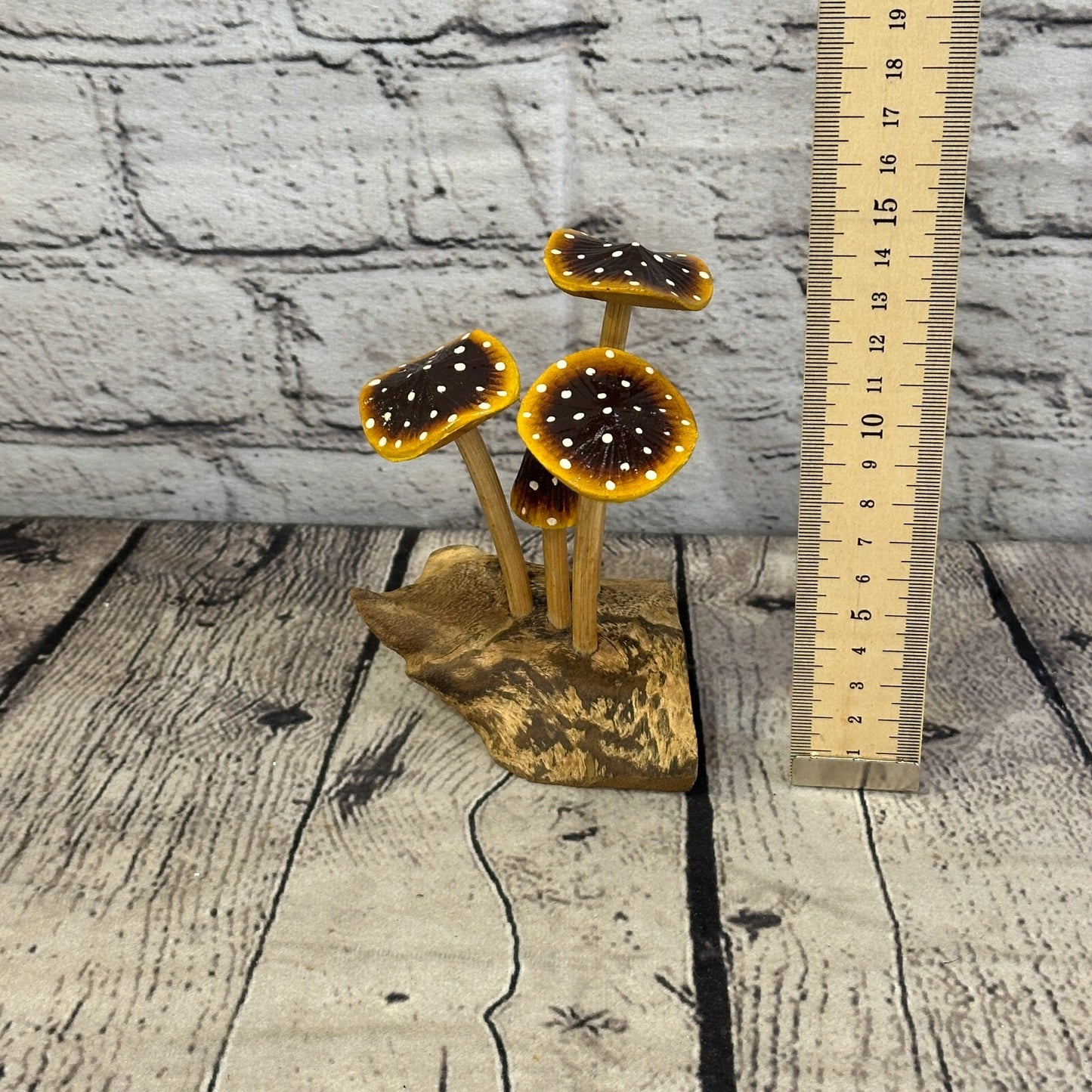 Brown Yellow Painted Mushroom Parasite Ornament Natural Carving Fairtrade Wooden