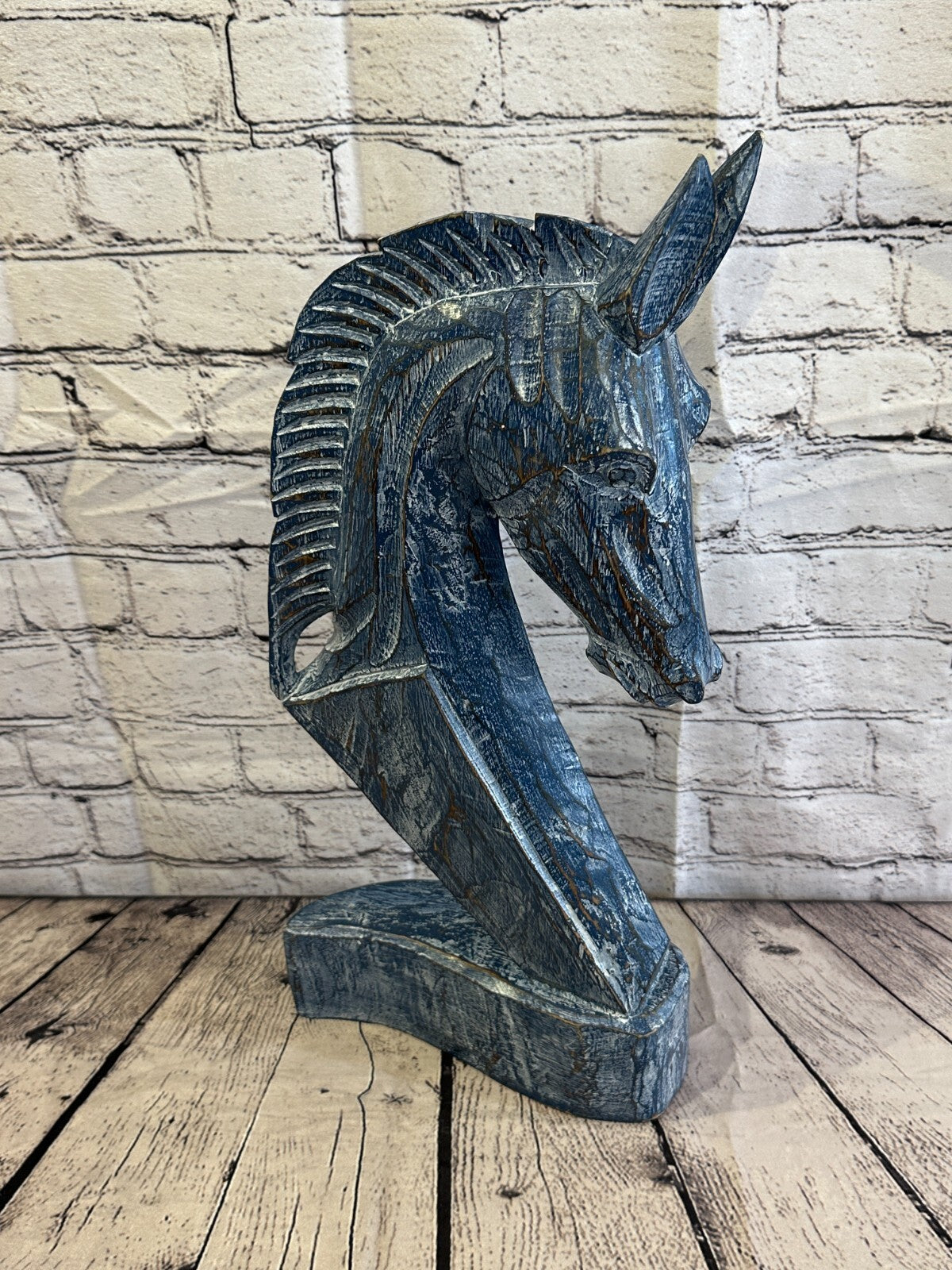 Blue Wooden 50cm x 25cm Horse Head Bust Hand Carved Wood Sculpture