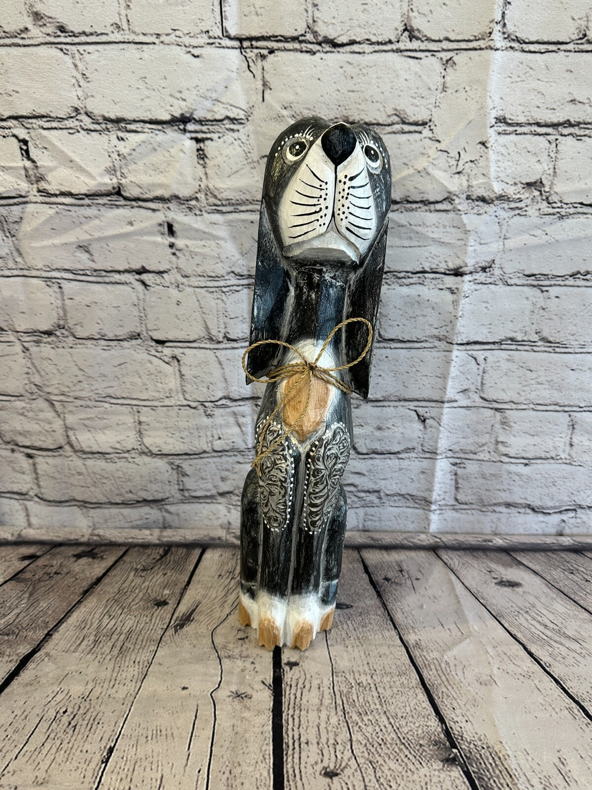40cm Grey Flower Wooden Shabby Dog Statue Ornament Fair Trade Handcarved