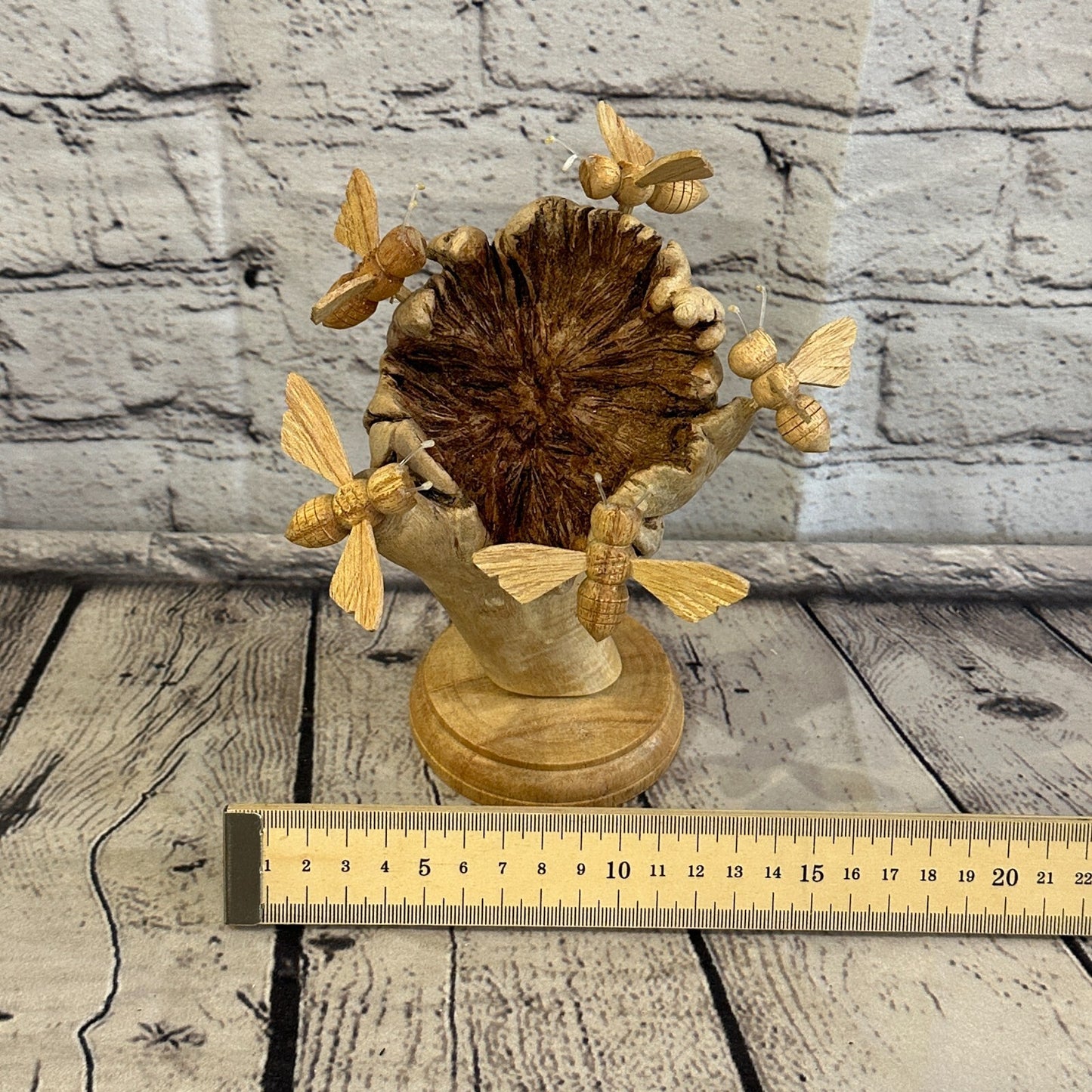 5 Bees Honeycomb Mushroom Parasite Wood Ornament Natural Carving Wooden Standing
