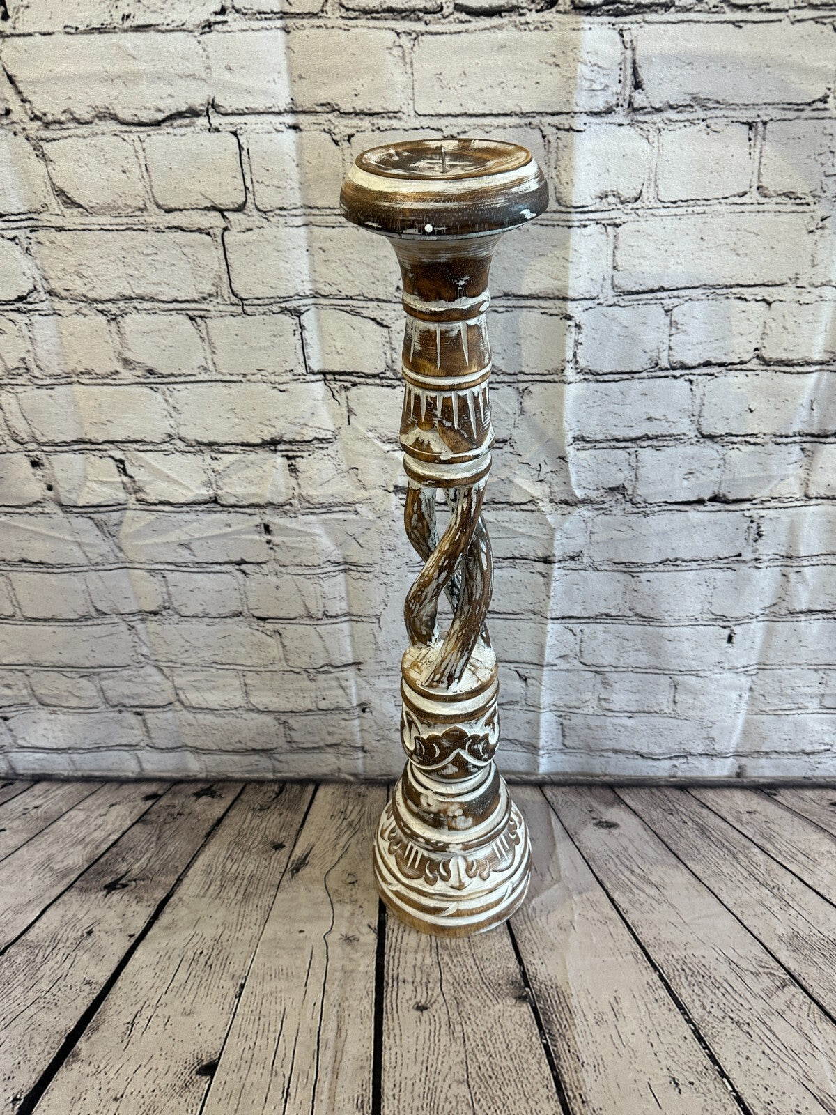 60cm Brown Tall Candlestick Shabby Chic Distressed Twist Column Candle Holder
