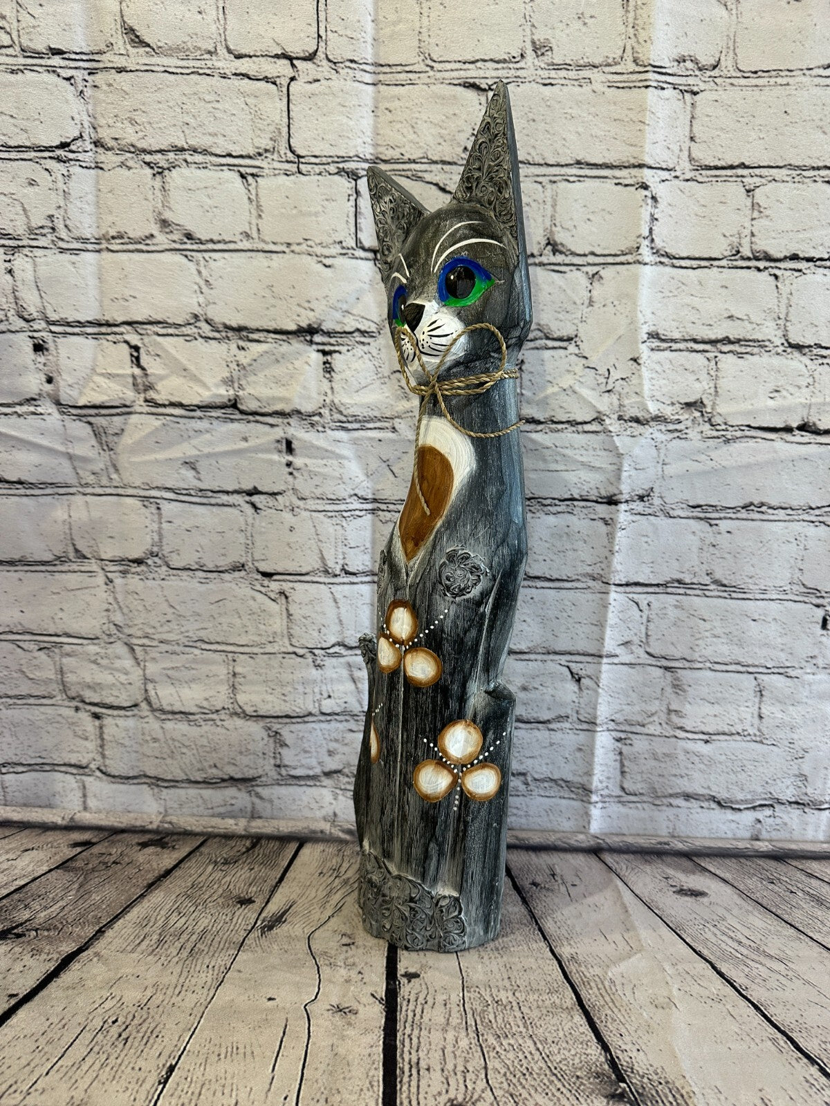50cm Grey Swirl Flower Wooden Shabby Cat Statue Ornament Fair Trade Handcarved