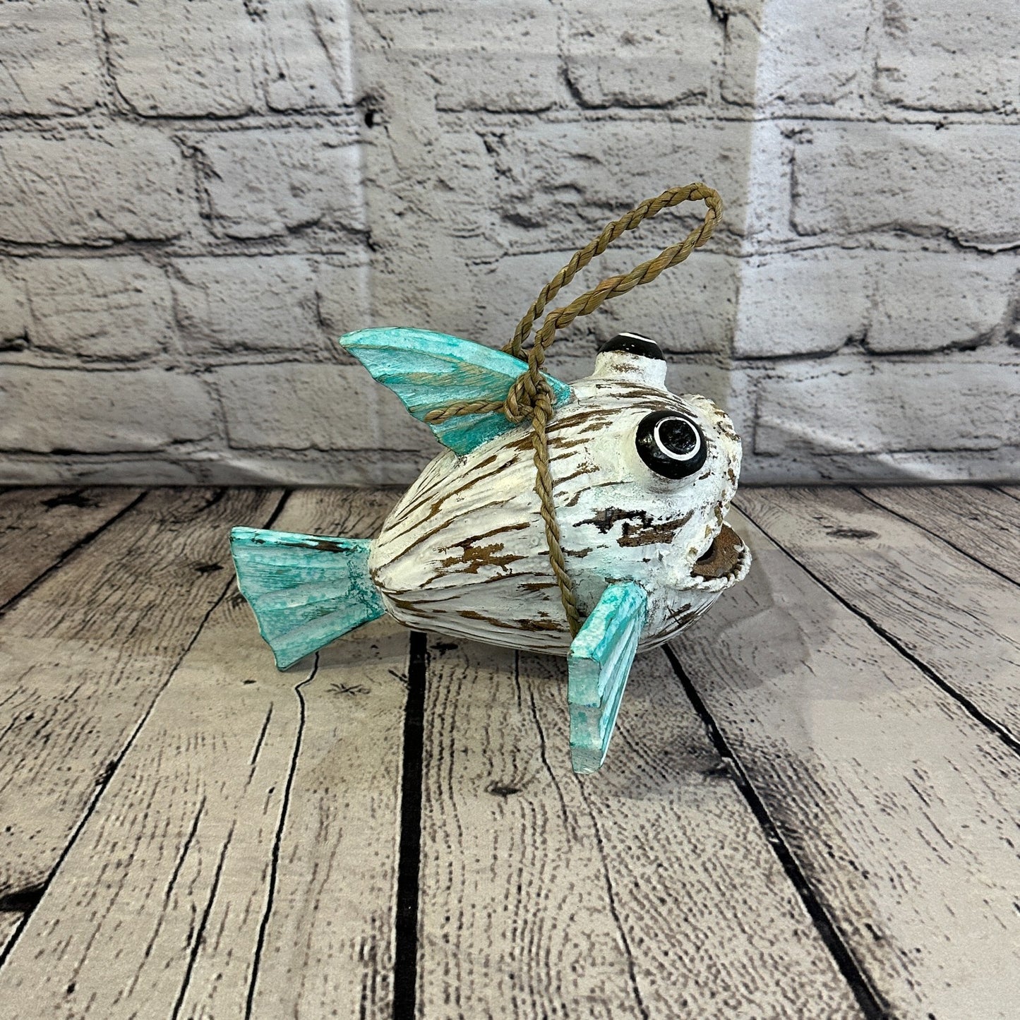 Green White Folk Art Hand Painted Shark Fish Coconut Shell Ornaments Hanging