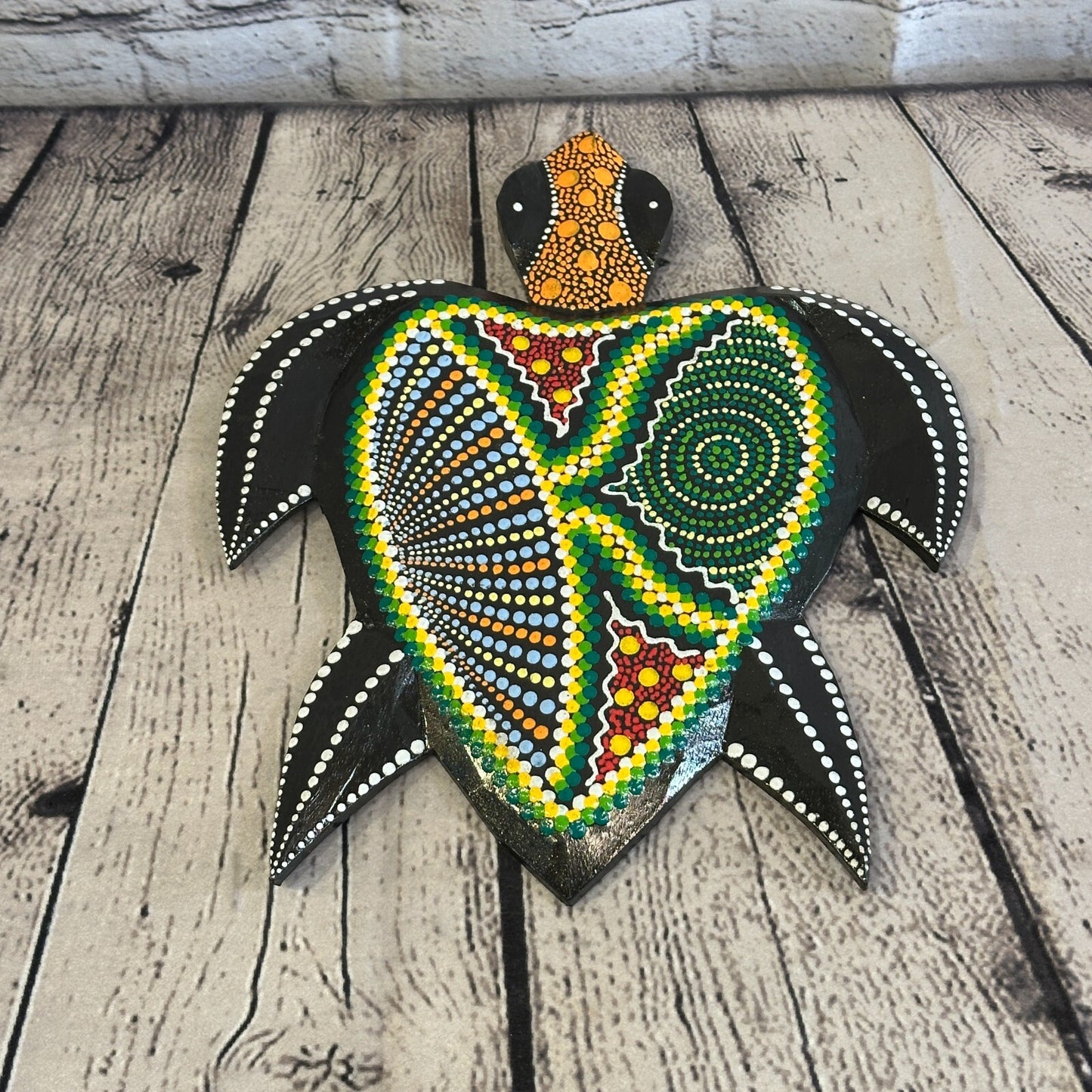 30cm Turtle Carved Wooden Dot Painted Ethnic Tribal Tiki Wall Art Handmade No 4