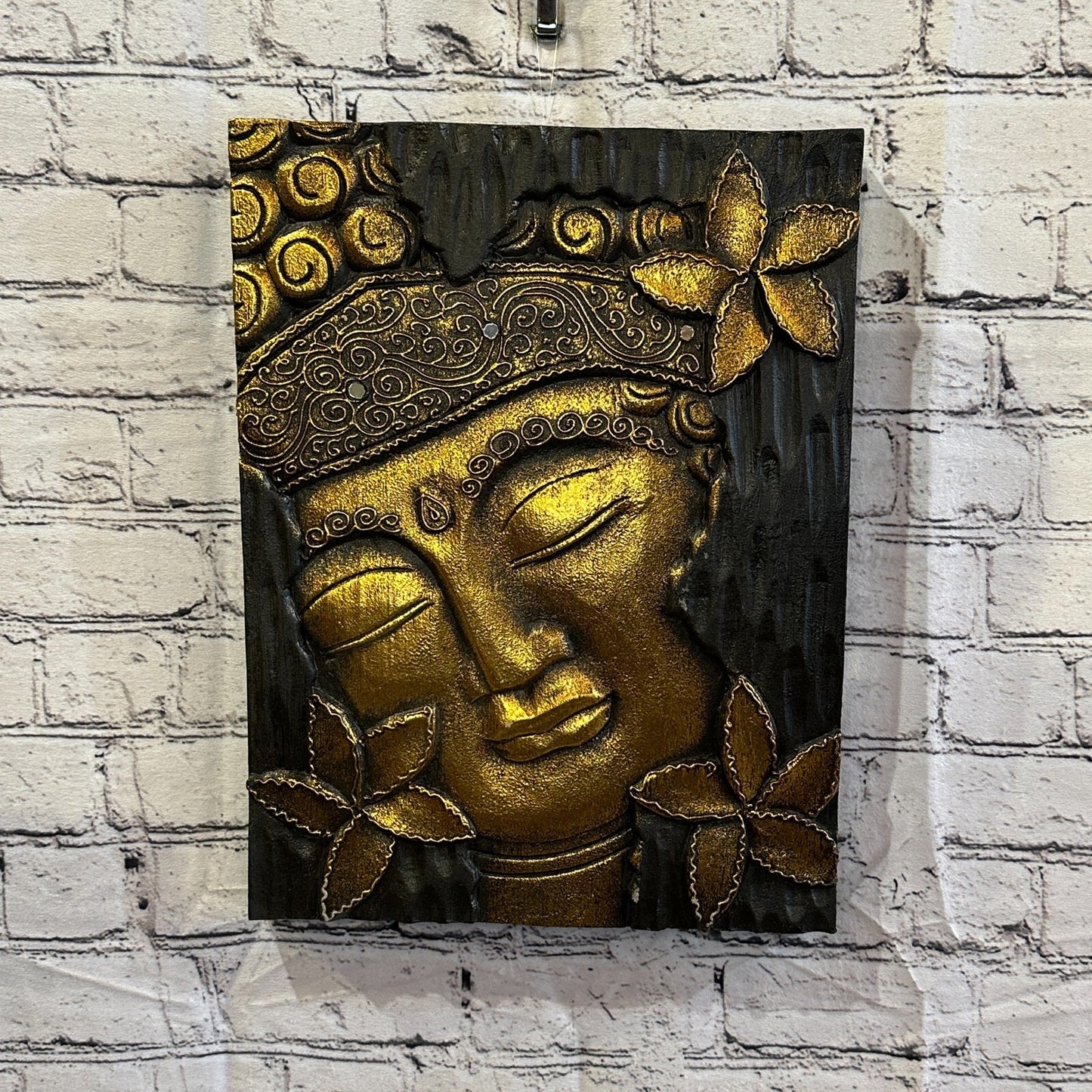 Wooden Wood Panel 40cm Brown Gold Buddha Hibiscus Wall Art Plaque Handcarved