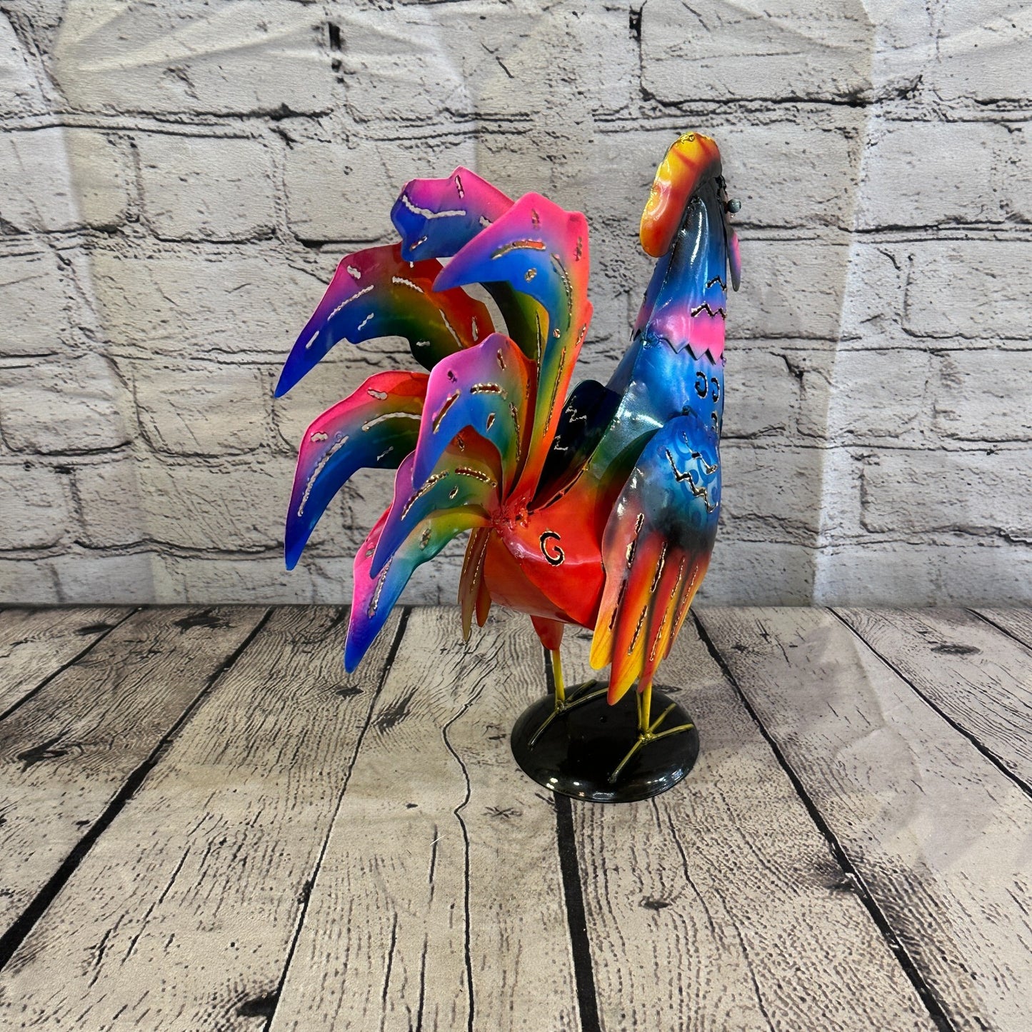 40cm x 25cm Blue Vibrant Metal Chicken Ornament Painted Statue Candle Holder