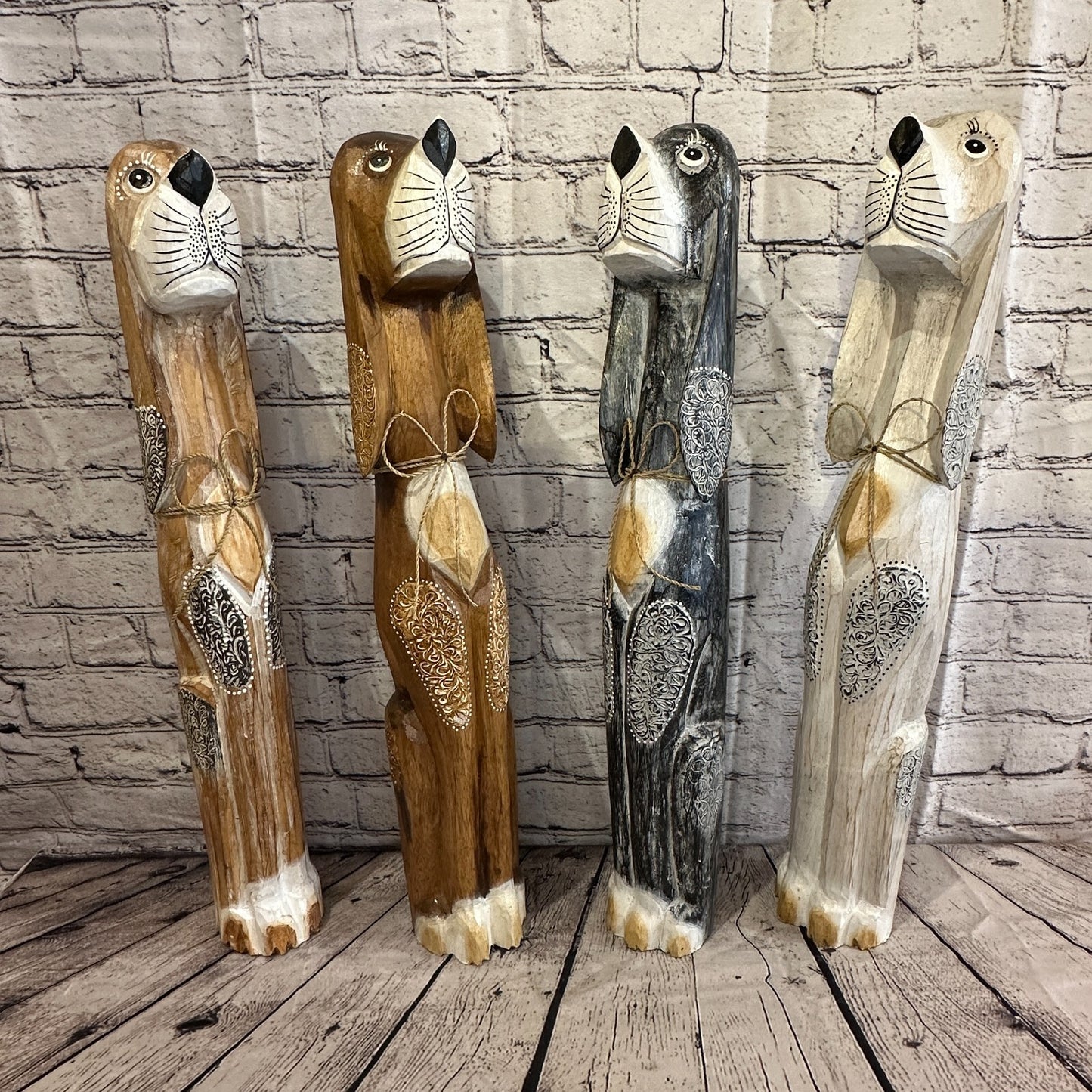 80cm Light Brown Flower Wooden Shabby Dog Statue Ornament Fair Trade Handcarved