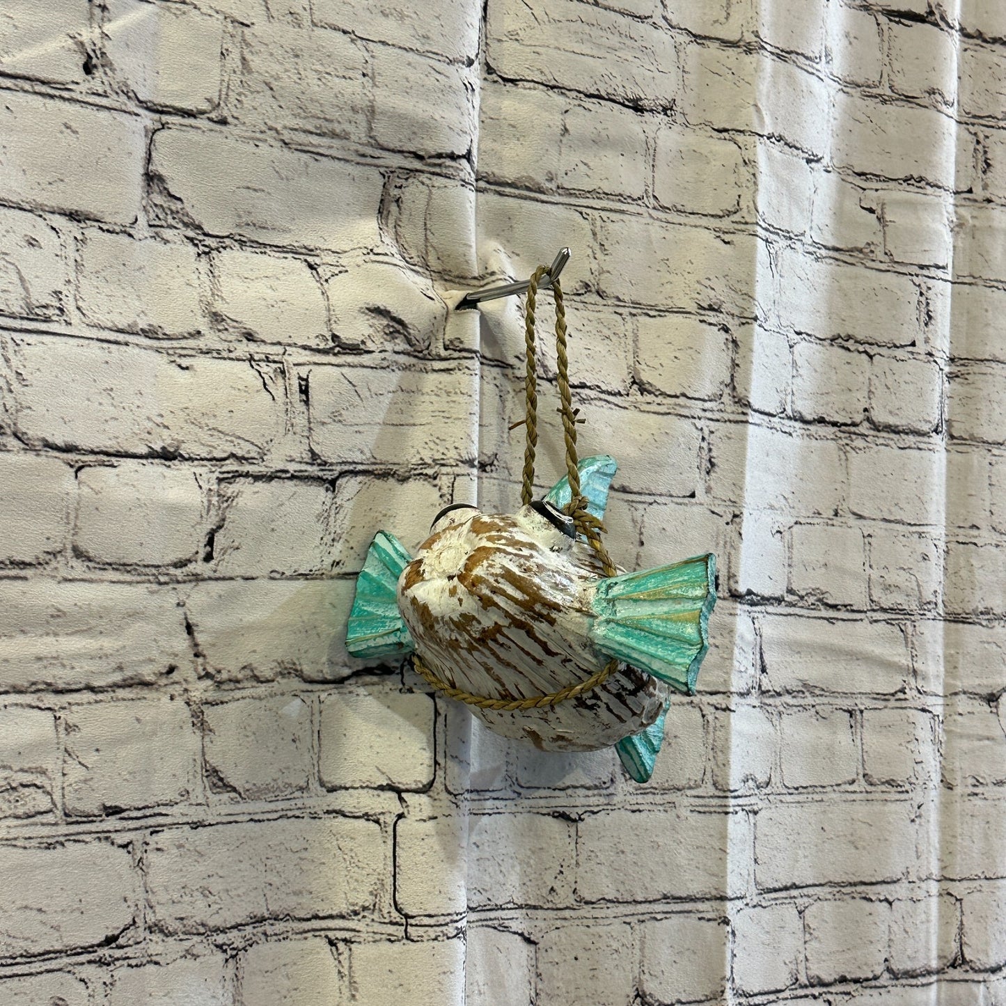 Green White Folk Art Hand Painted Puffer Fish Coconut Shell Ornaments Hanging