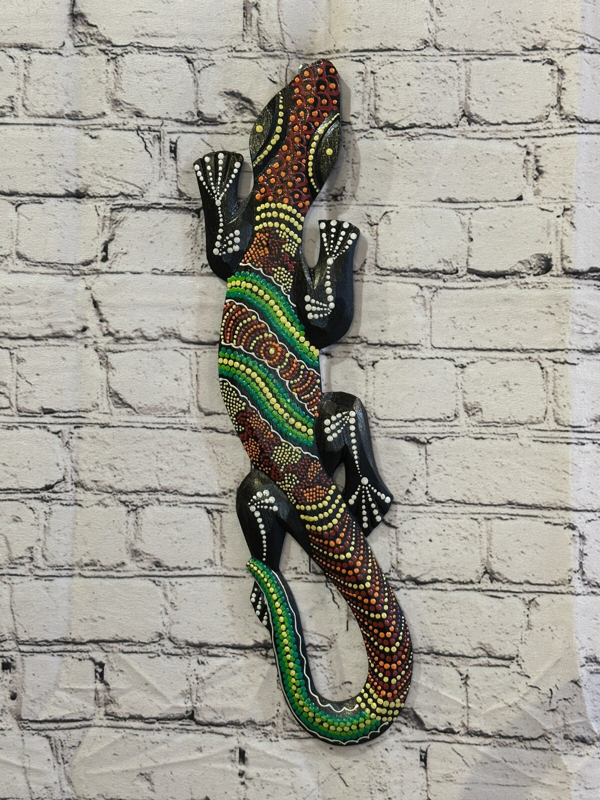 50cm Gecko Carved Wooden Dot Painted Ethnic Tribal Tiki Wall Handmade No 3