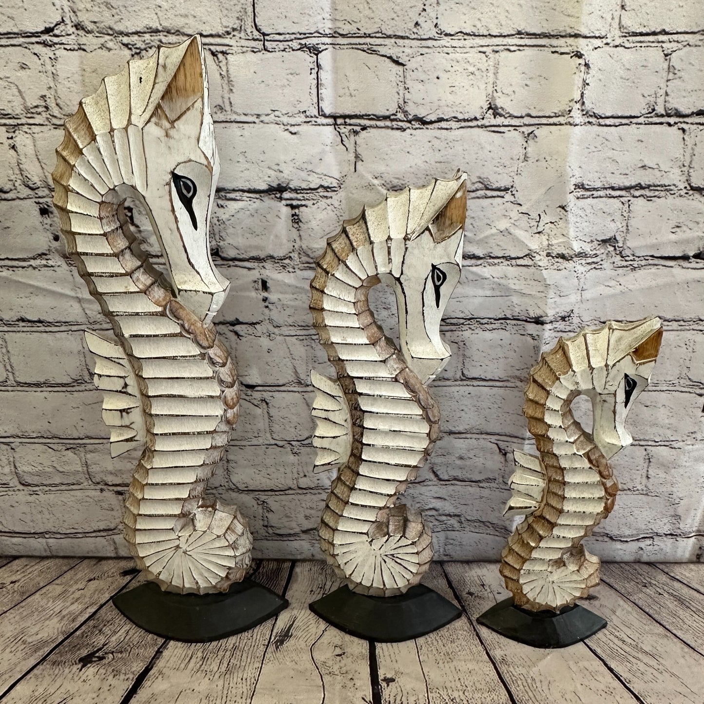 30cm White Brown Wooden Shabby Seahorse Statue Ornament Fair Trade Handcarved