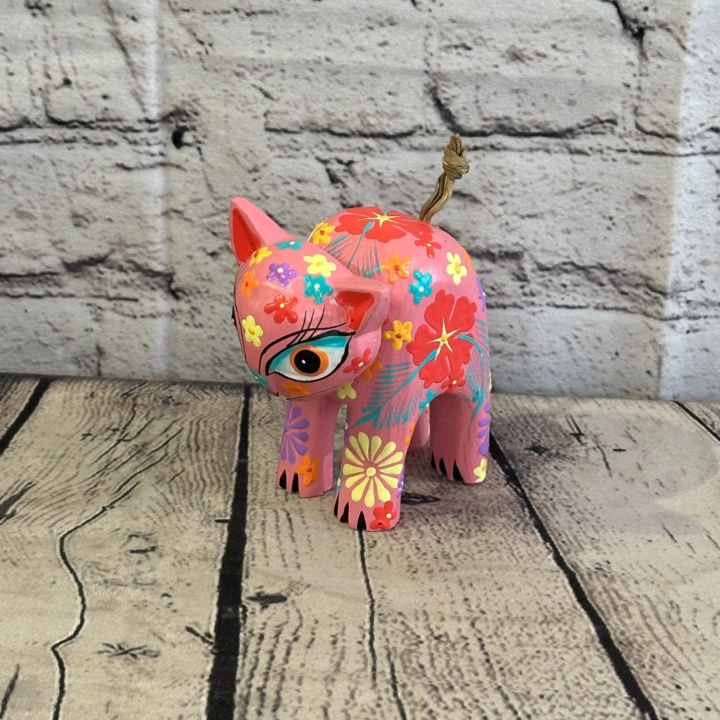 Pink Small Wooden Cat With Flower Pattern 10cm x 8cm Handmade and Fairtrade