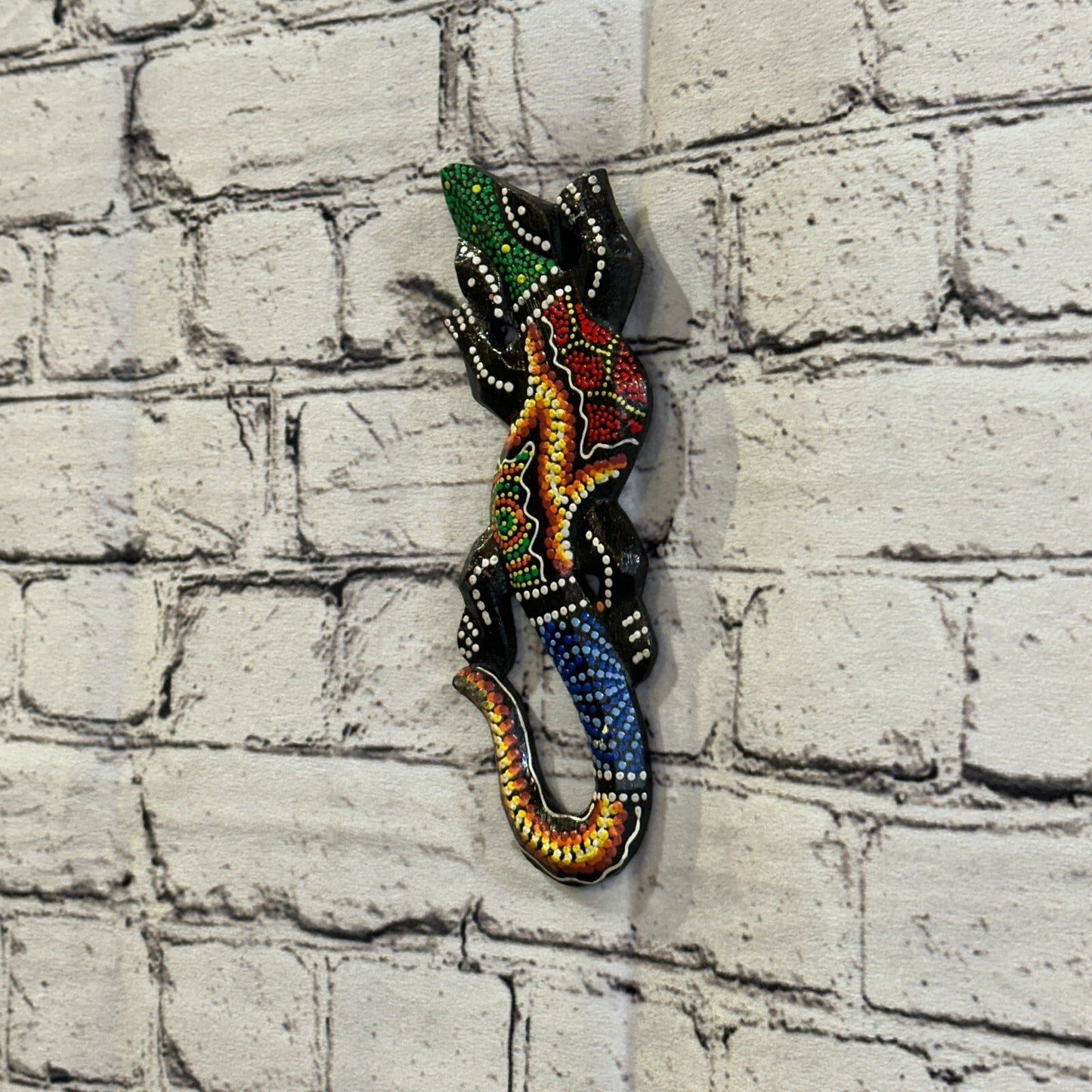 20cm Gecko Carved Wooden Dot Painted Ethnic Tribal Tiki Wall Handmade No 9