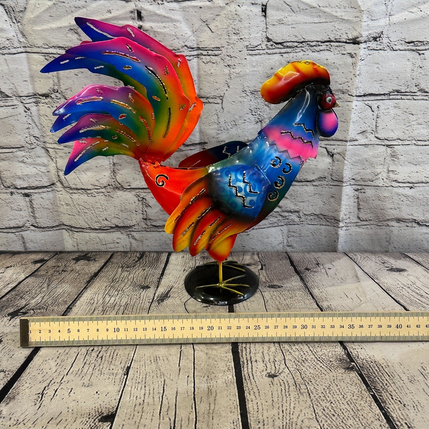 40cm x 25cm Blue Vibrant Metal Chicken Ornament Painted Statue Candle Holder