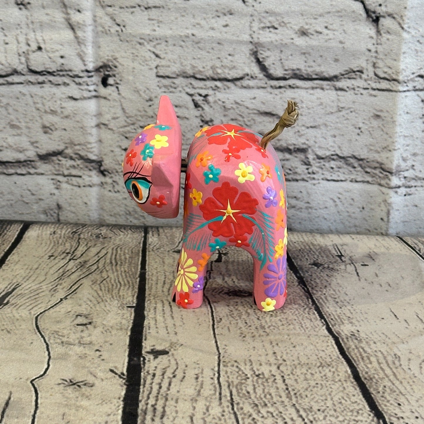 Pink Small Wooden Cat With Flower Pattern 10cm x 8cm Handmade and Fairtrade