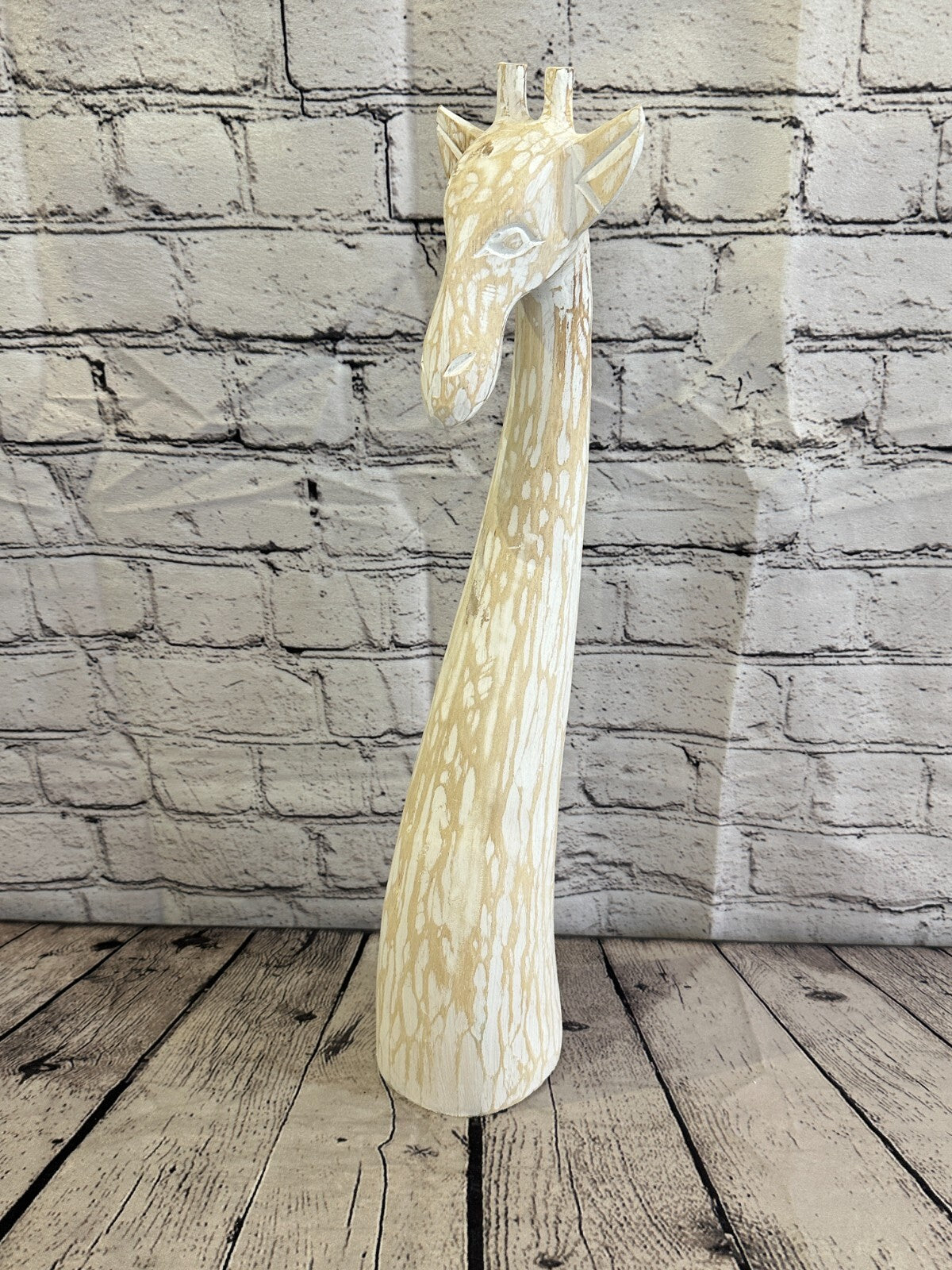 White Wooden Giraffe Head With Shabby Pattern 50cm x 10cm Handmade and Fairtrade