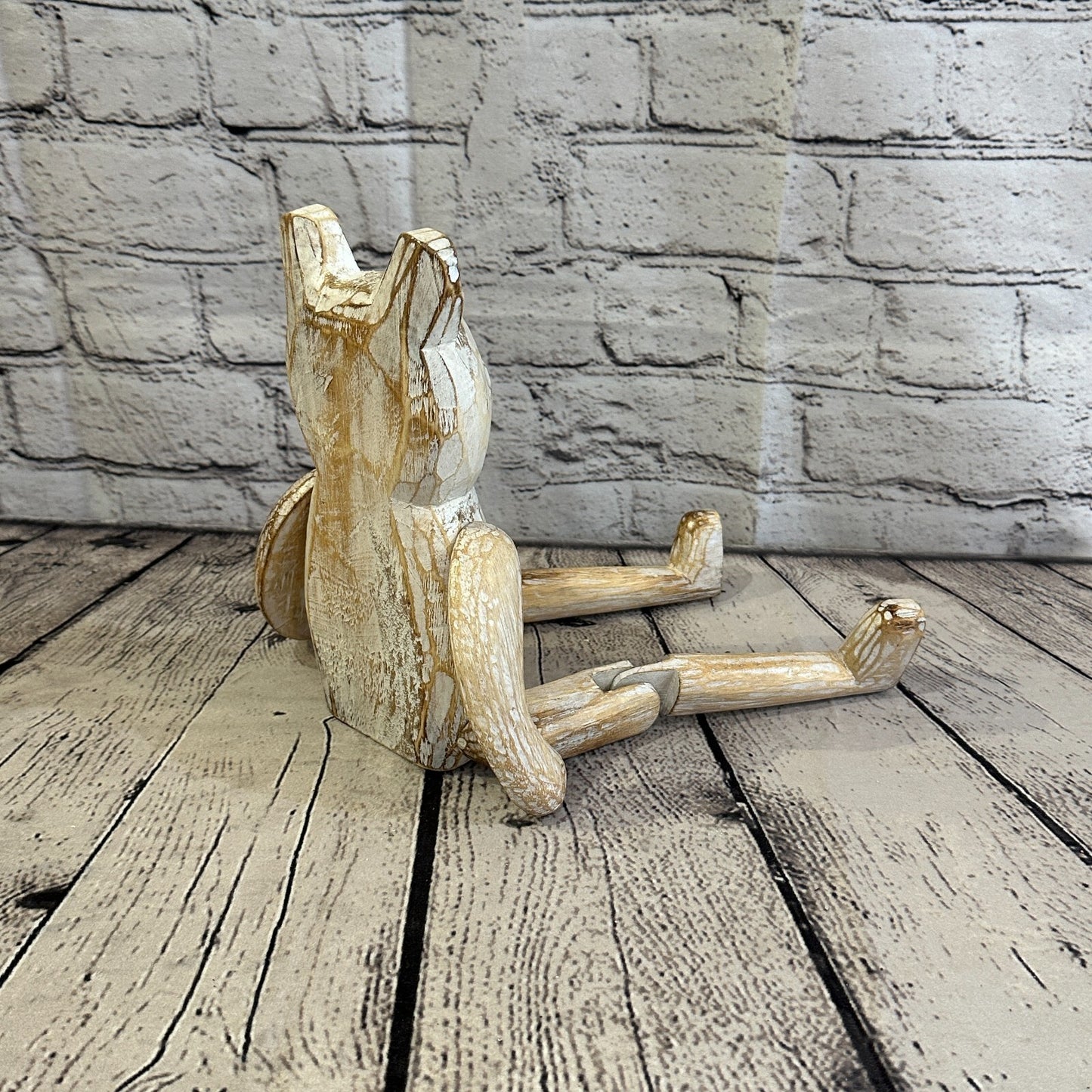 22cm Shabby White Teddy Sitting Animal Wooden Shelf Ornament Handmade Fairtrade