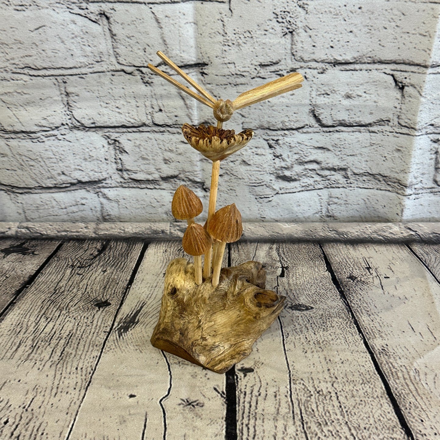 Dragonfly Mushroom Stand Parasite Wood Ornament Natural Carving Wooden Standing