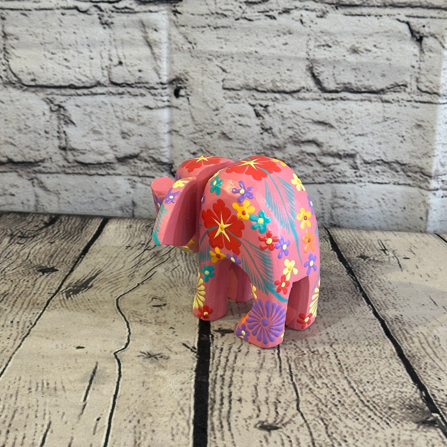 Pink Wooden Elephant With Flower Pattern 10cm x 12cm Handmade and Fairtrade