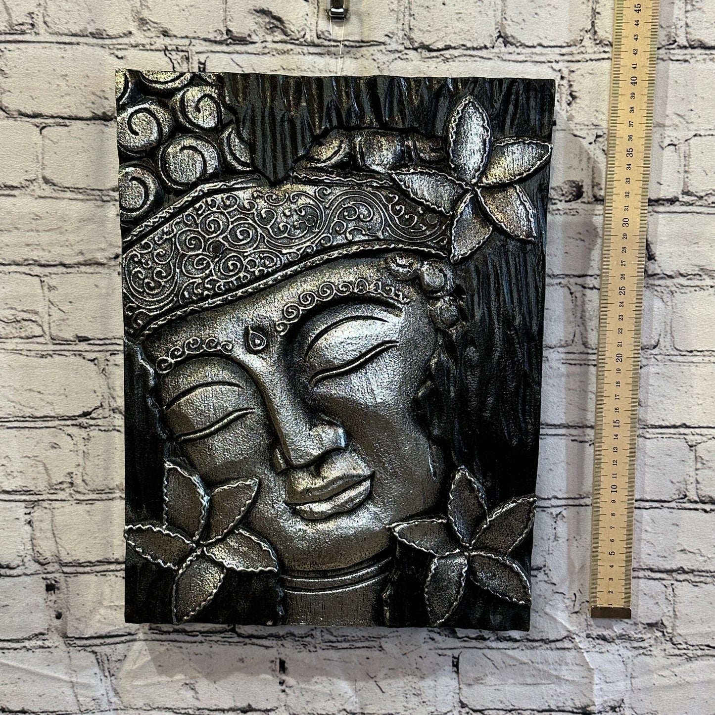 Wooden Wood Panel 40cm Brown Silver Buddha Hibiscus Wall Art Plaque Handcarved