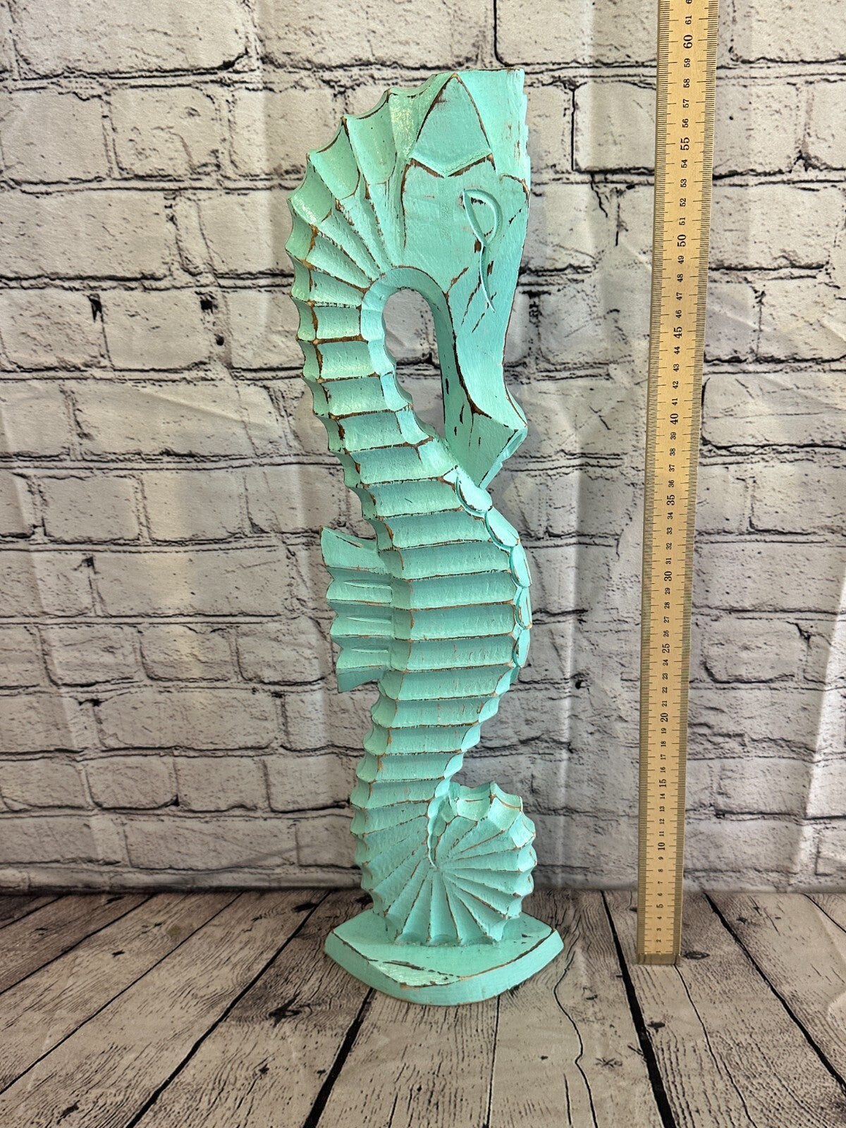 60cm Green Plain Wooden Shabby Seahorse Statue Ornament Fair Trade Handcarved