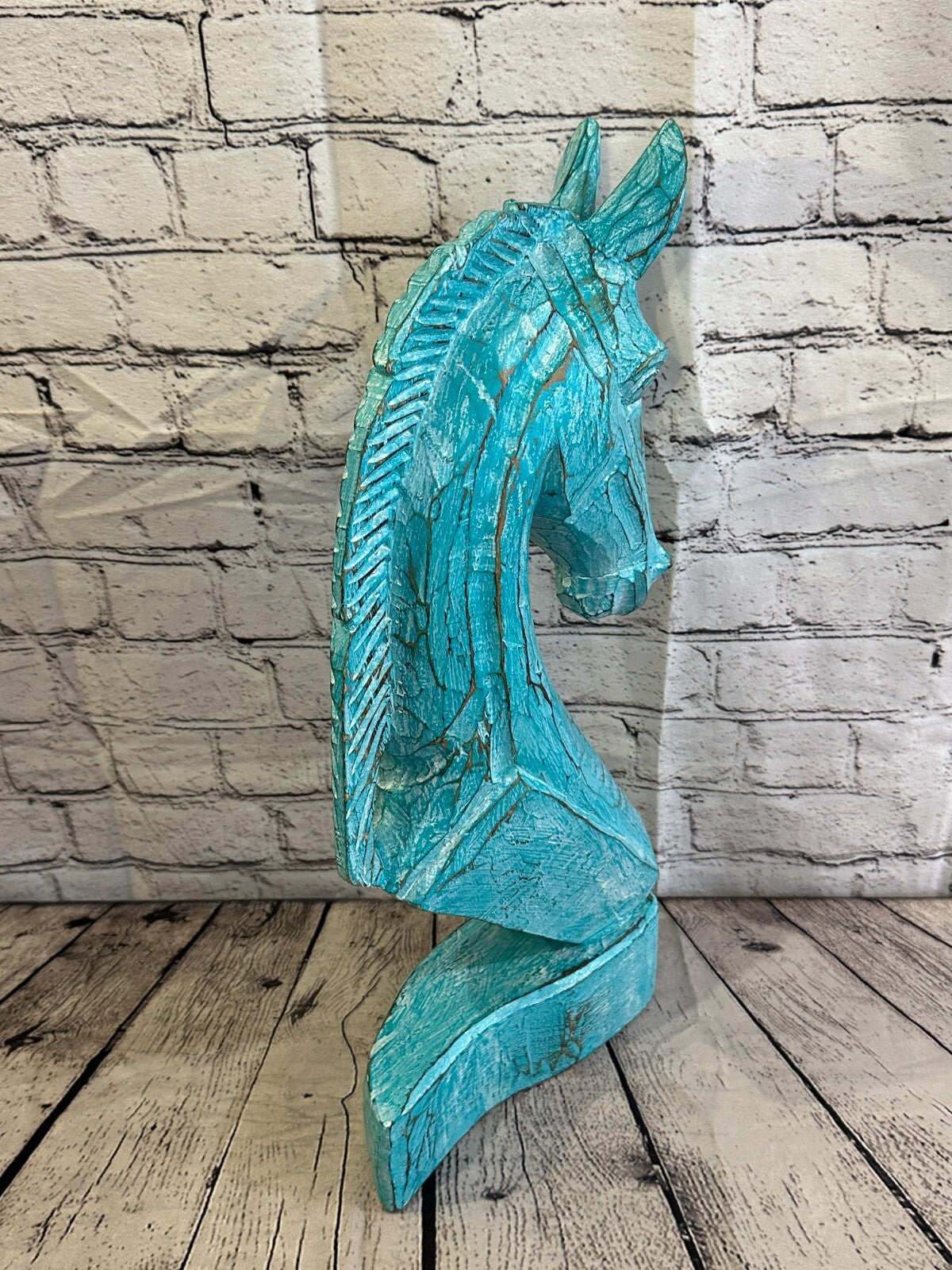 Green Wooden 50cm x 25cm Horse Head Bust Hand Carved Wood Sculpture