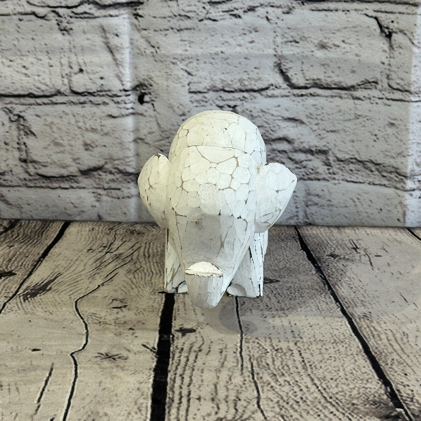 White Wooden Elephant With Shabby Pattern 10cm x 10cm Handmade and Fairtrade