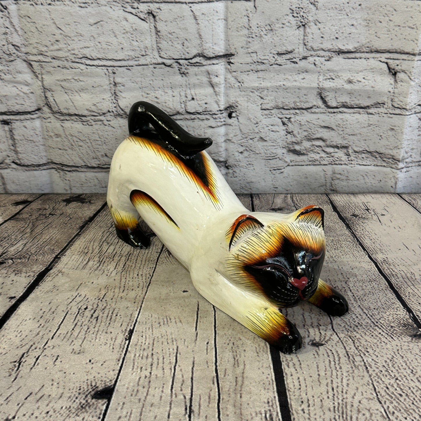 22cm x 14cm Siamese Style Painted Wooden Hand Carved Stretching Cat Wooden