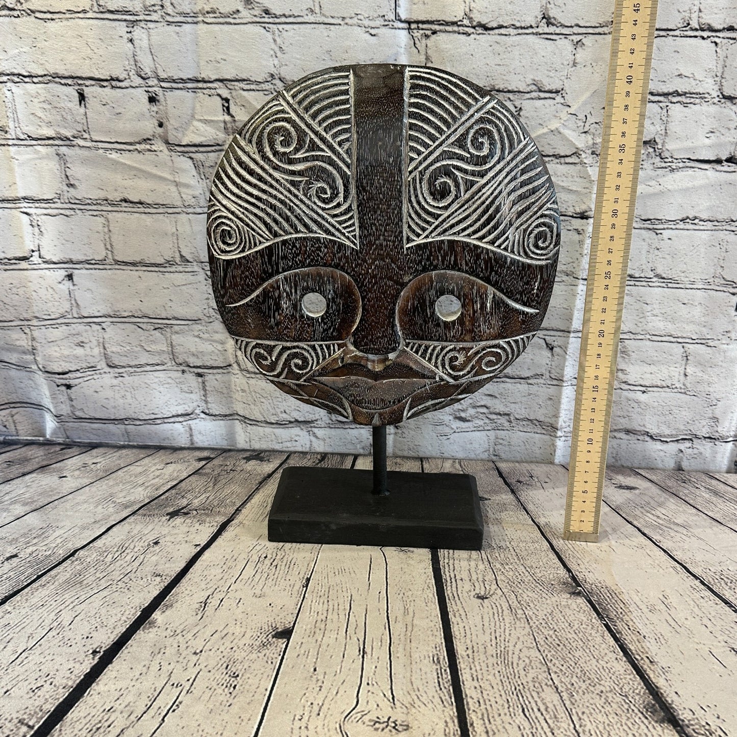 40cm x 35cm Wooden Tribal Primitive Black Mask Stand Sculpture Statue Art