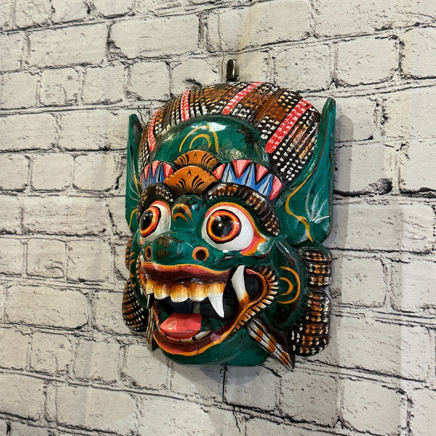 Large Wooden Green Barong Wall Mask 30cm x 25cm Handmade And Fairtrade