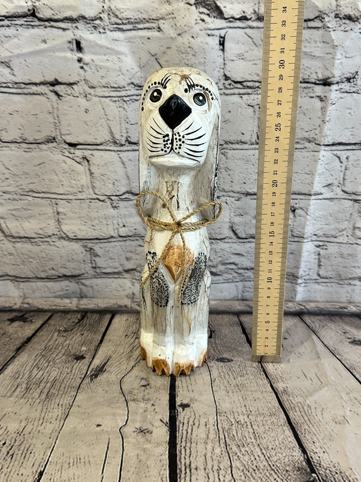 30cm White Flower Wooden Shabby Dog Statue Ornament Fair Trade Handcarved