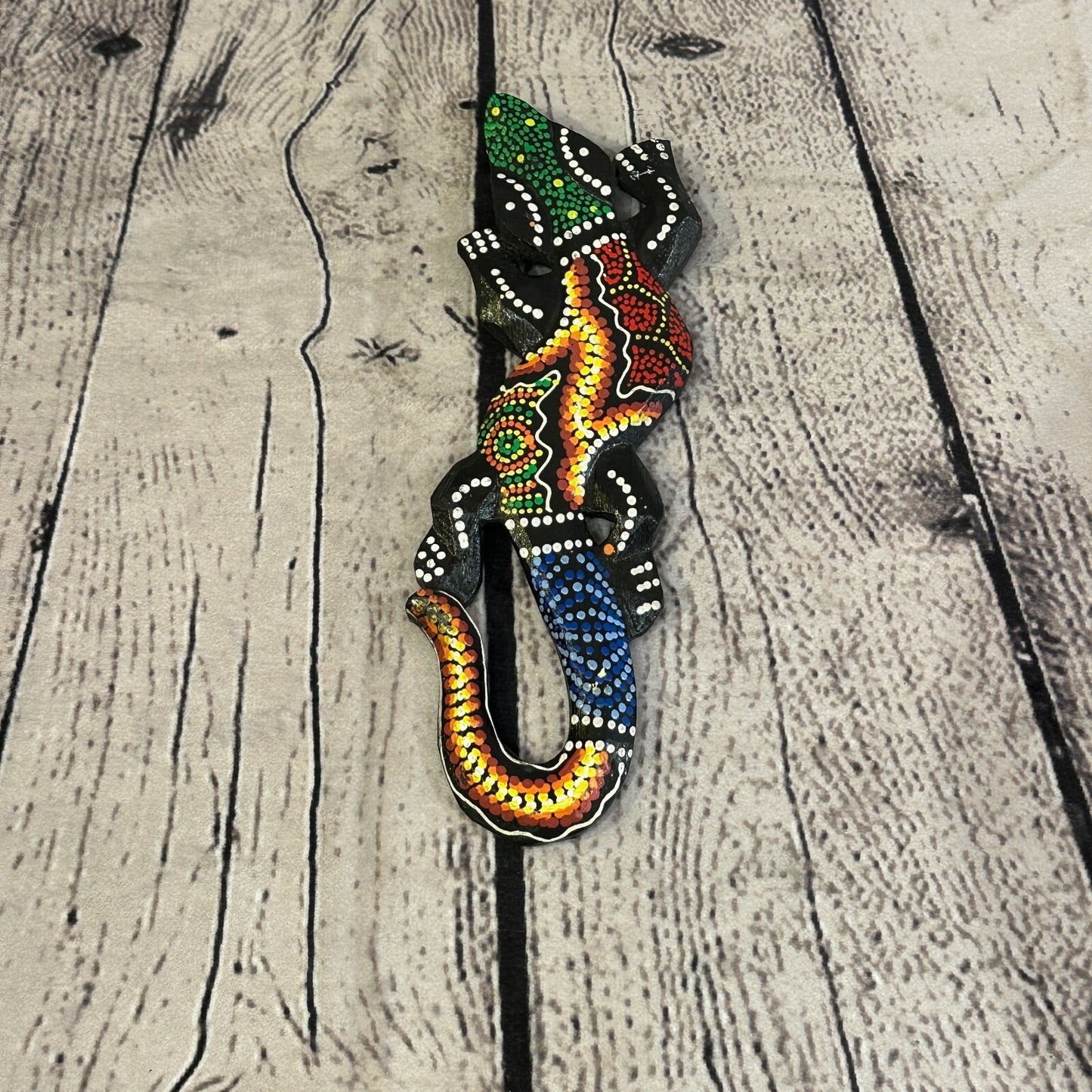 20cm Gecko Carved Wooden Dot Painted Ethnic Tribal Tiki Wall Handmade No 9