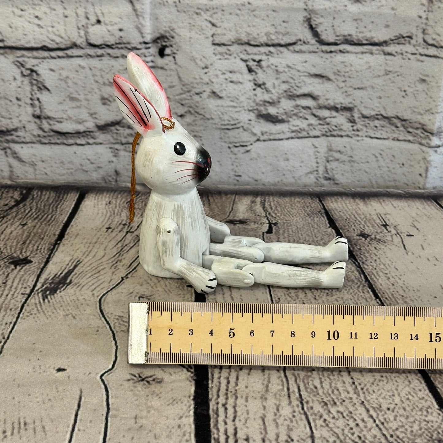10cm White Rabbit Sitting Animal, Wooden Shelf Ornament Handmade and Fairtrade