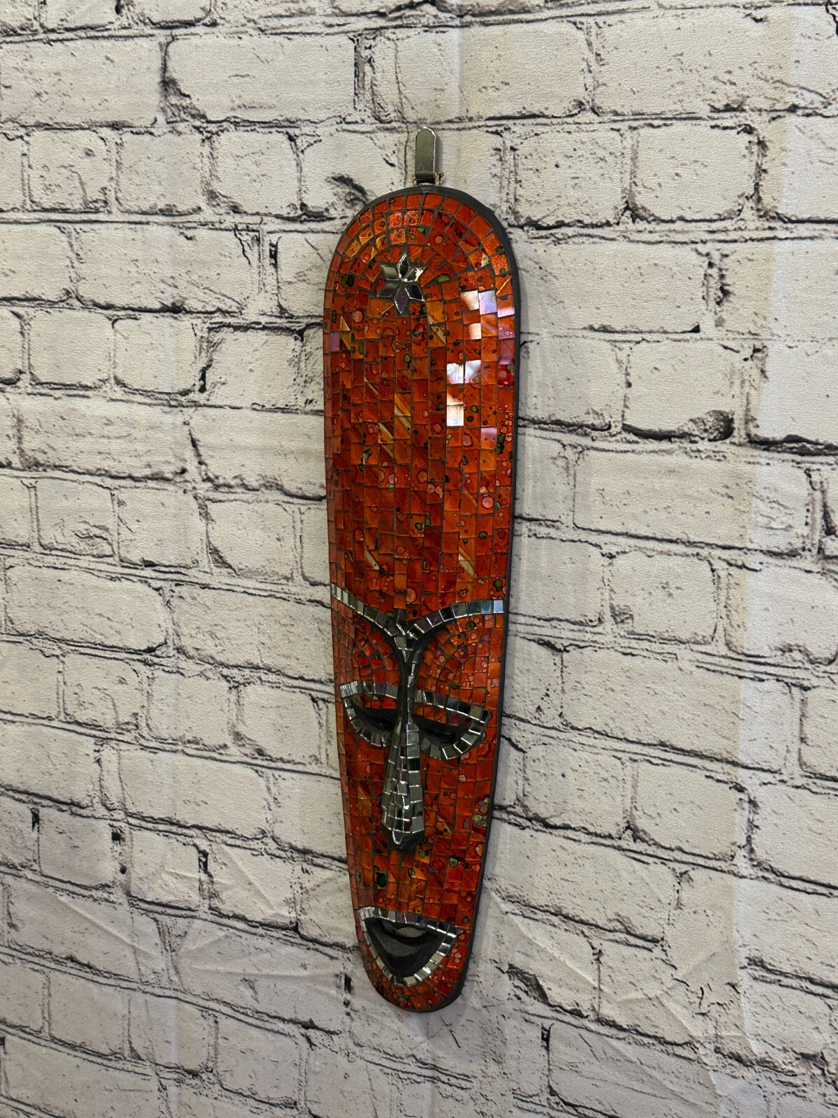 50cm Orange Mosaic Mirror Mask Carved Painted Ethnic Tribal Wall Art Handmade