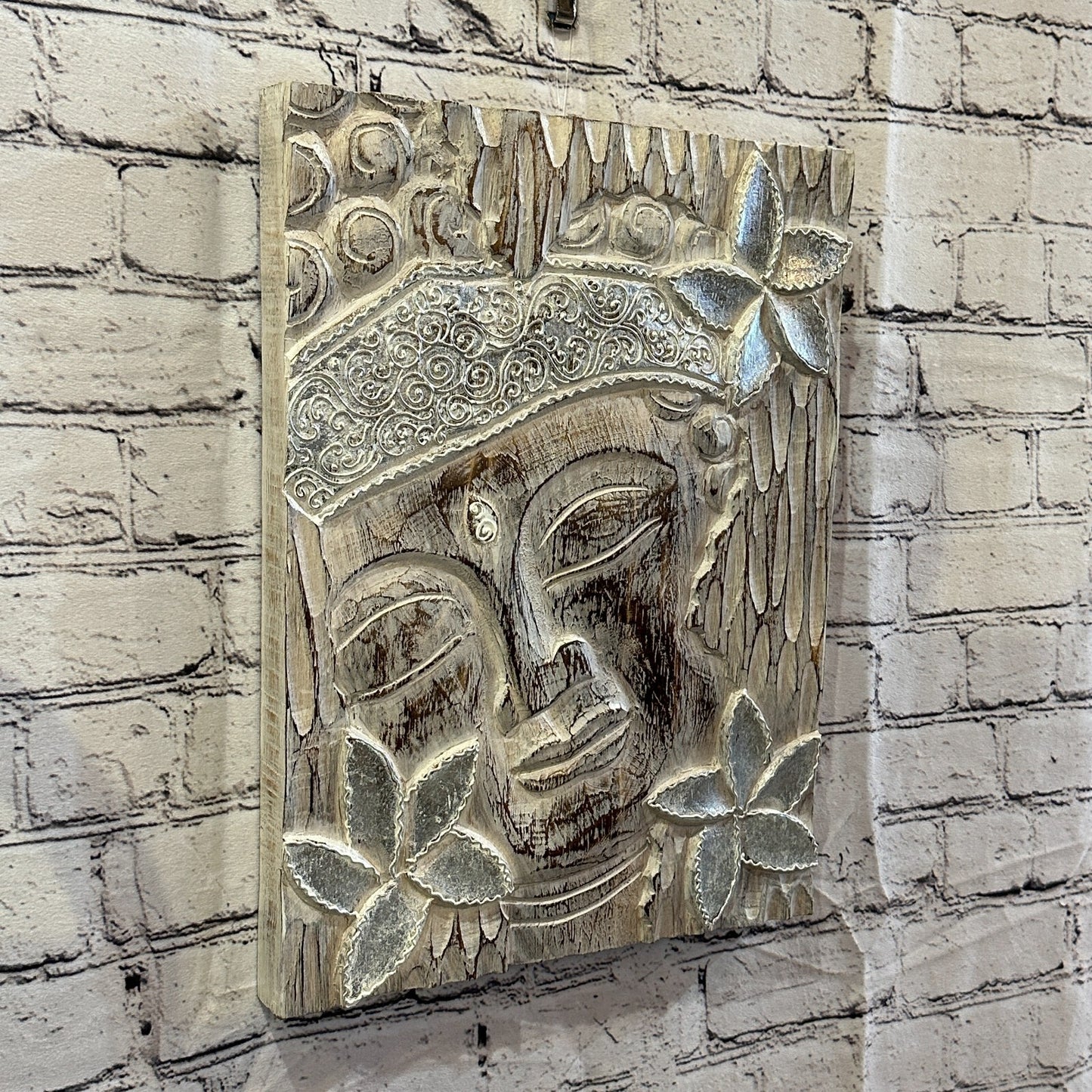 Wooden Wood Panel 40cm Brown White Buddha Hibiscus Wall Art Plaque Handcarved