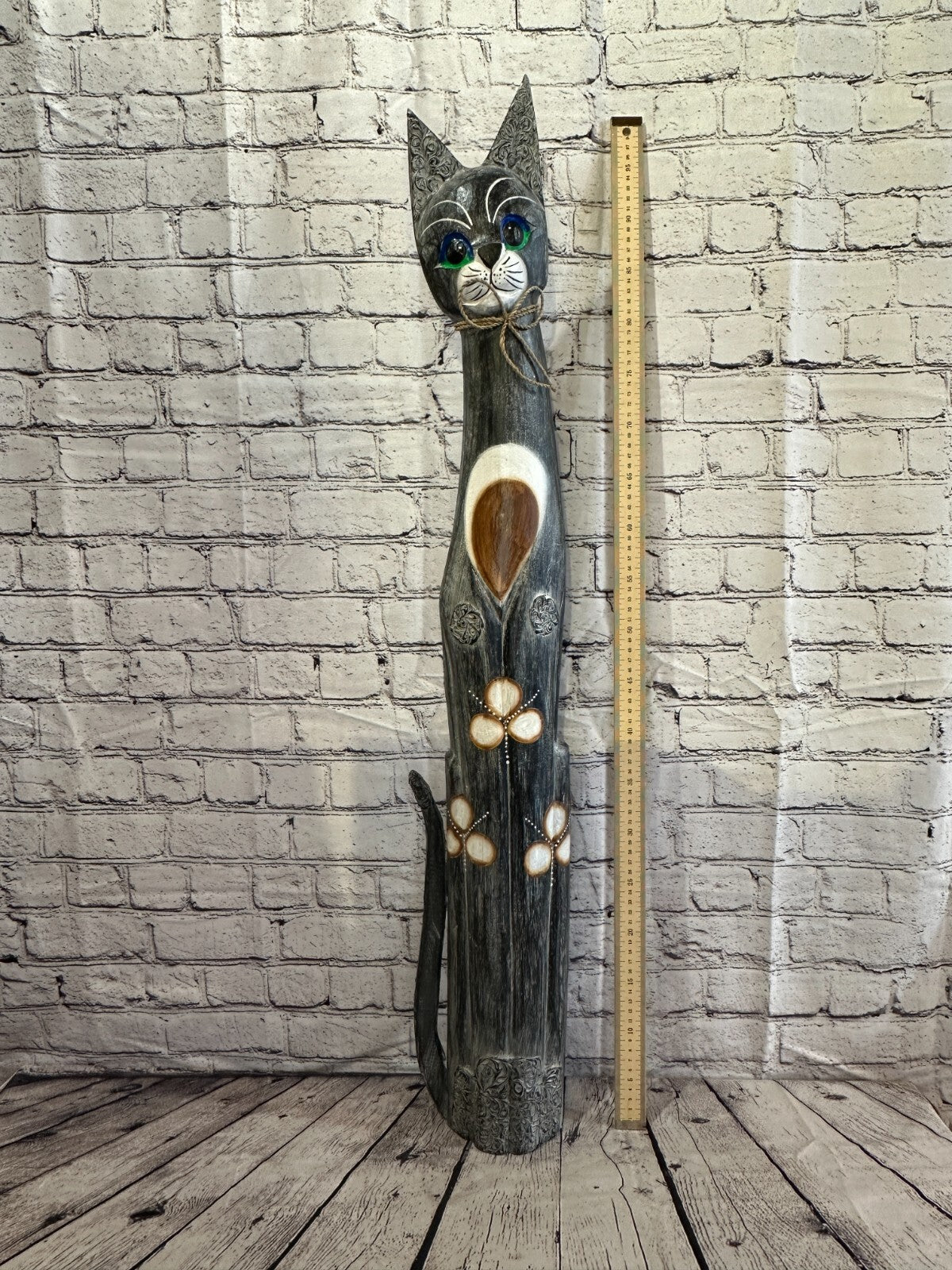 100cm Grey Swirl Flower Wooden Shabby Cat Statue Ornament Fair Trade Handcarved