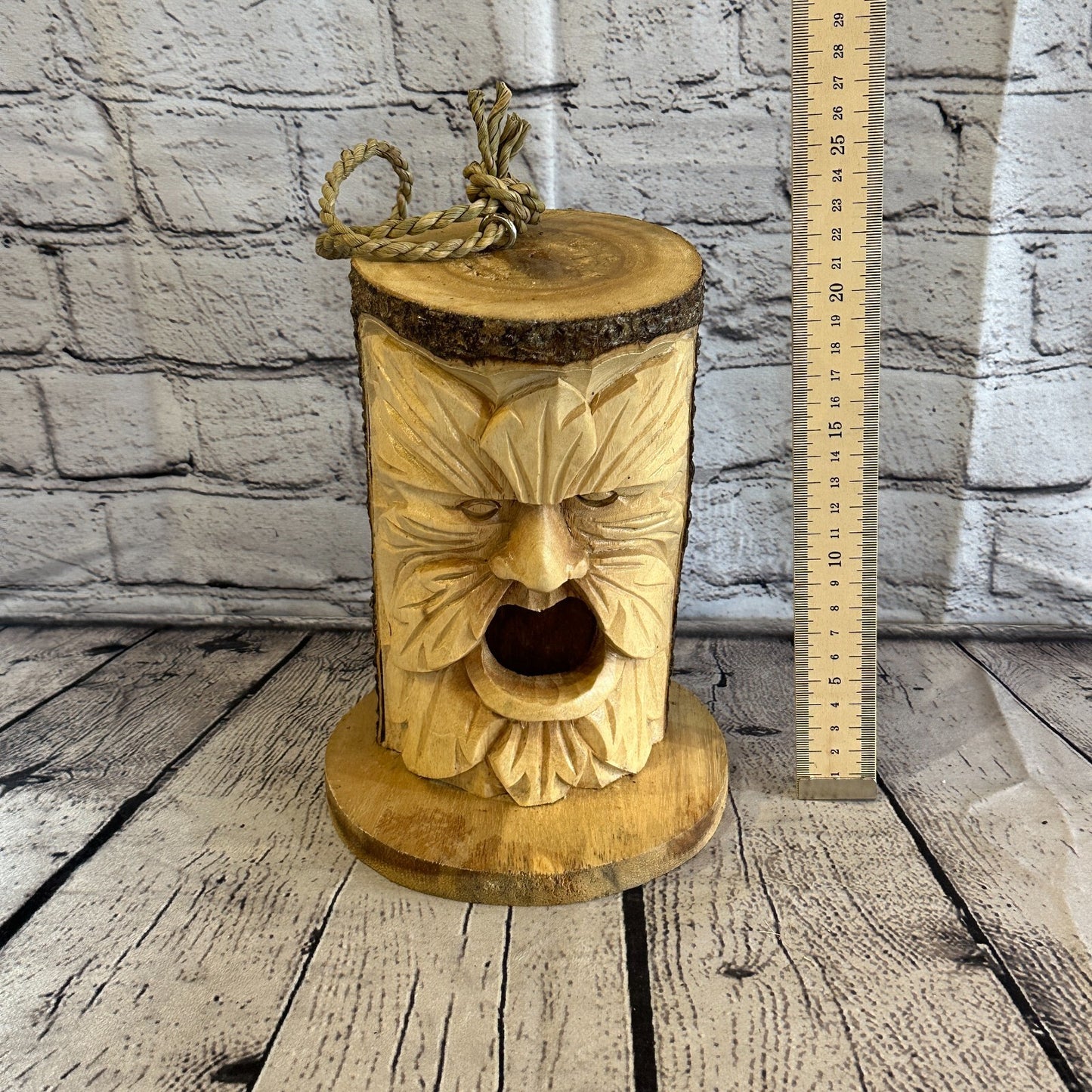 Bird House Green Man Of The Woods 25cm Hand Carved Tree Trunk Wood Fairtrade